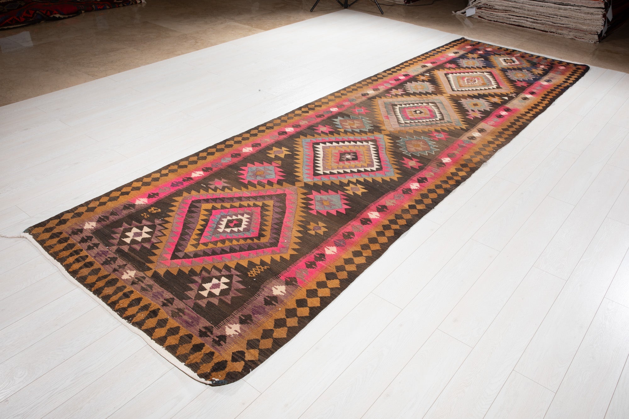 Handwoven Vintage Wool Kilim Runner Rug – 14' x 4' 2" (427 x 128 cm) - Yasi & Fara