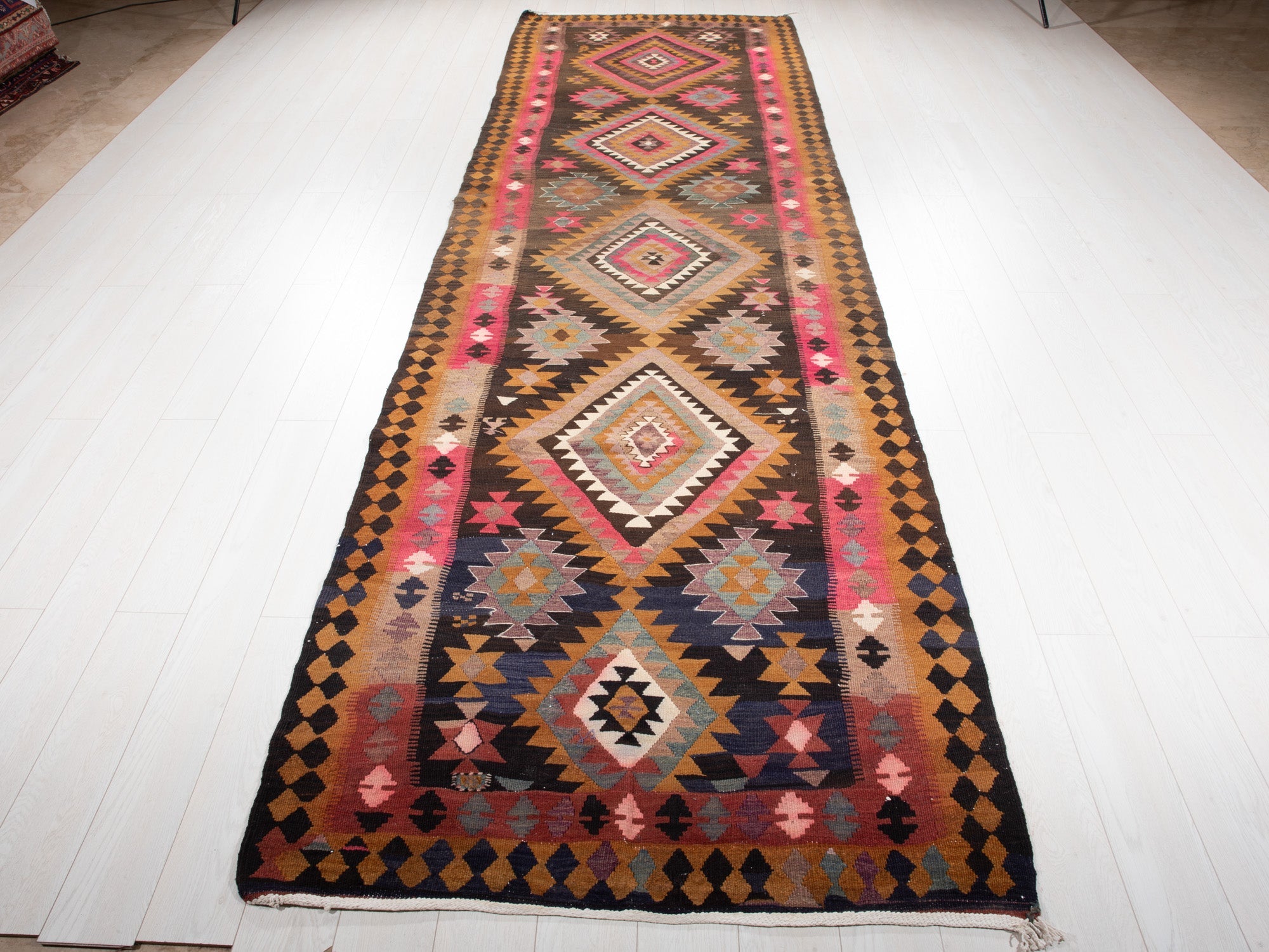 Handwoven Vintage Wool Kilim Runner Rug – 14' x 4' 2" (427 x 128 cm) - Yasi & Fara