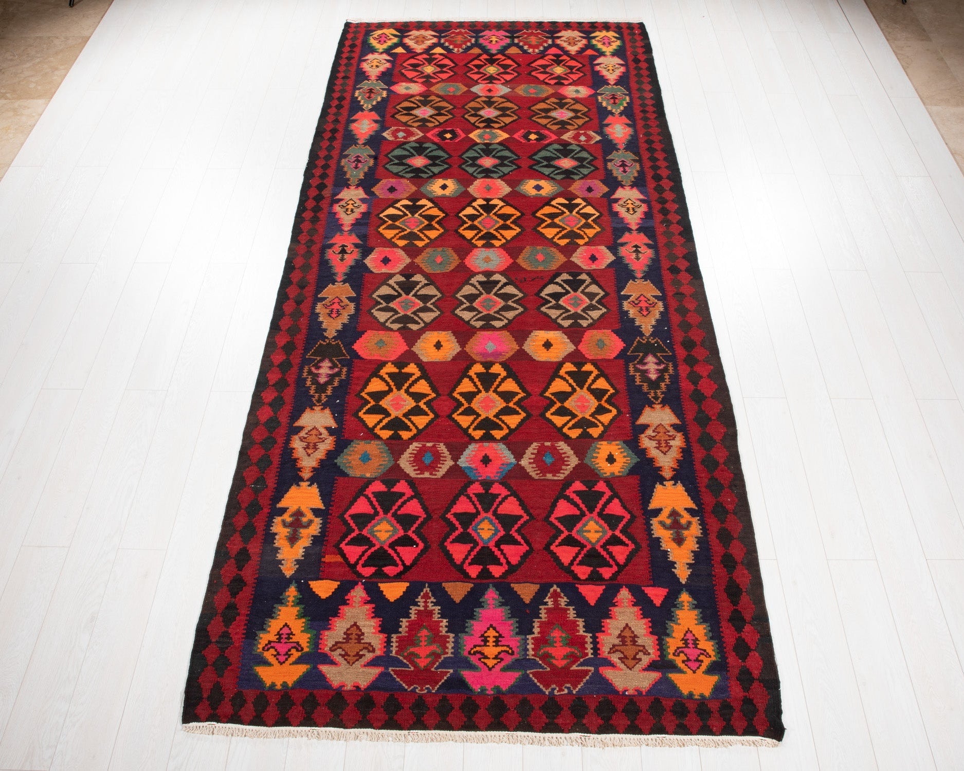 Handwoven Vintage Wool Kilim Rug – 11' 8" x 5' 1" (356 x 155 cm) - Yasi & Fara