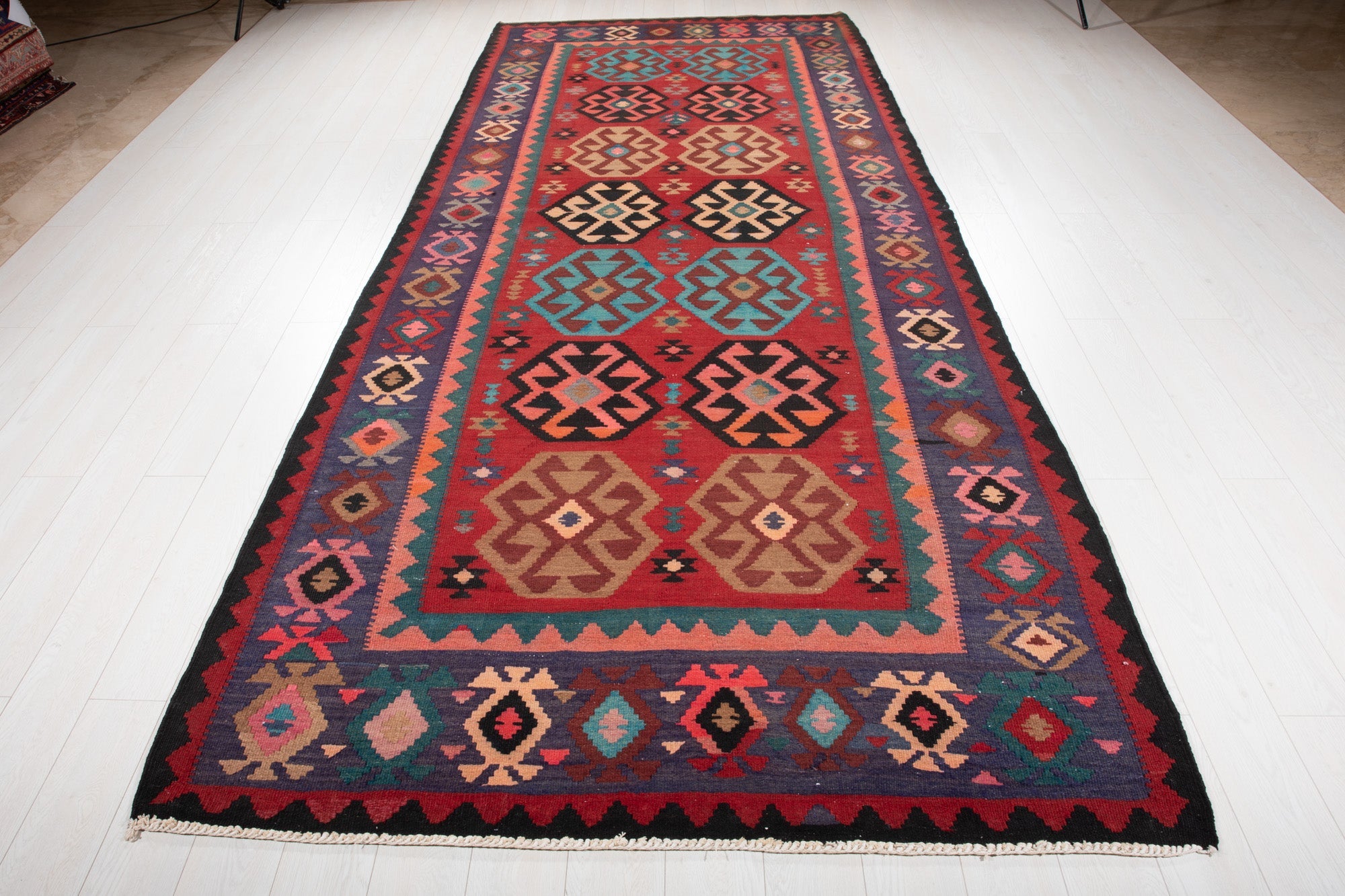 Handwoven Vintage Wool Kilim Rug – 13' 3" x 5' 6" (404 x 167 cm) - Yasi & Fara