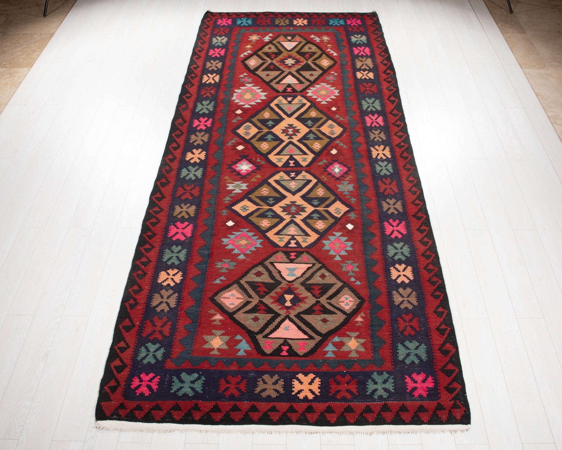 Handwoven Vintage Wool Kilim Rug – 12' 6" x 4' 8" (382 x 141 cm) - Yasi & Fara
