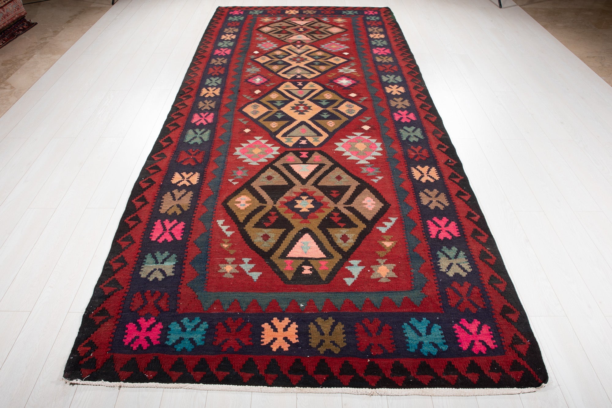 Handwoven Vintage Wool Kilim Rug – 12' 6" x 4' 8" (382 x 141 cm) - Yasi & Fara