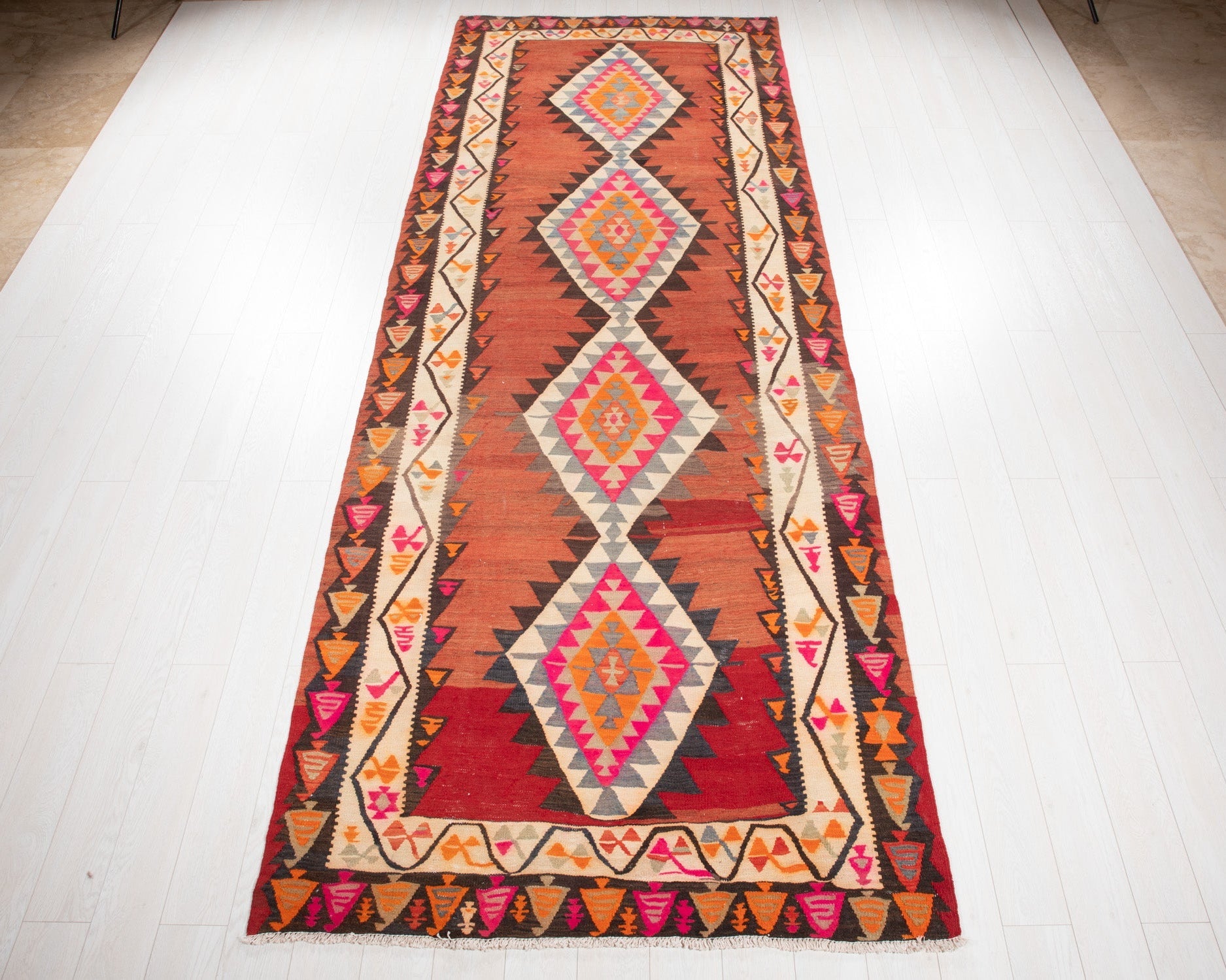 Handwoven Vintage Wool Kilim Rug – 13' 3" x 4' 10" (403 x 147 cm) - Yasi & Fara