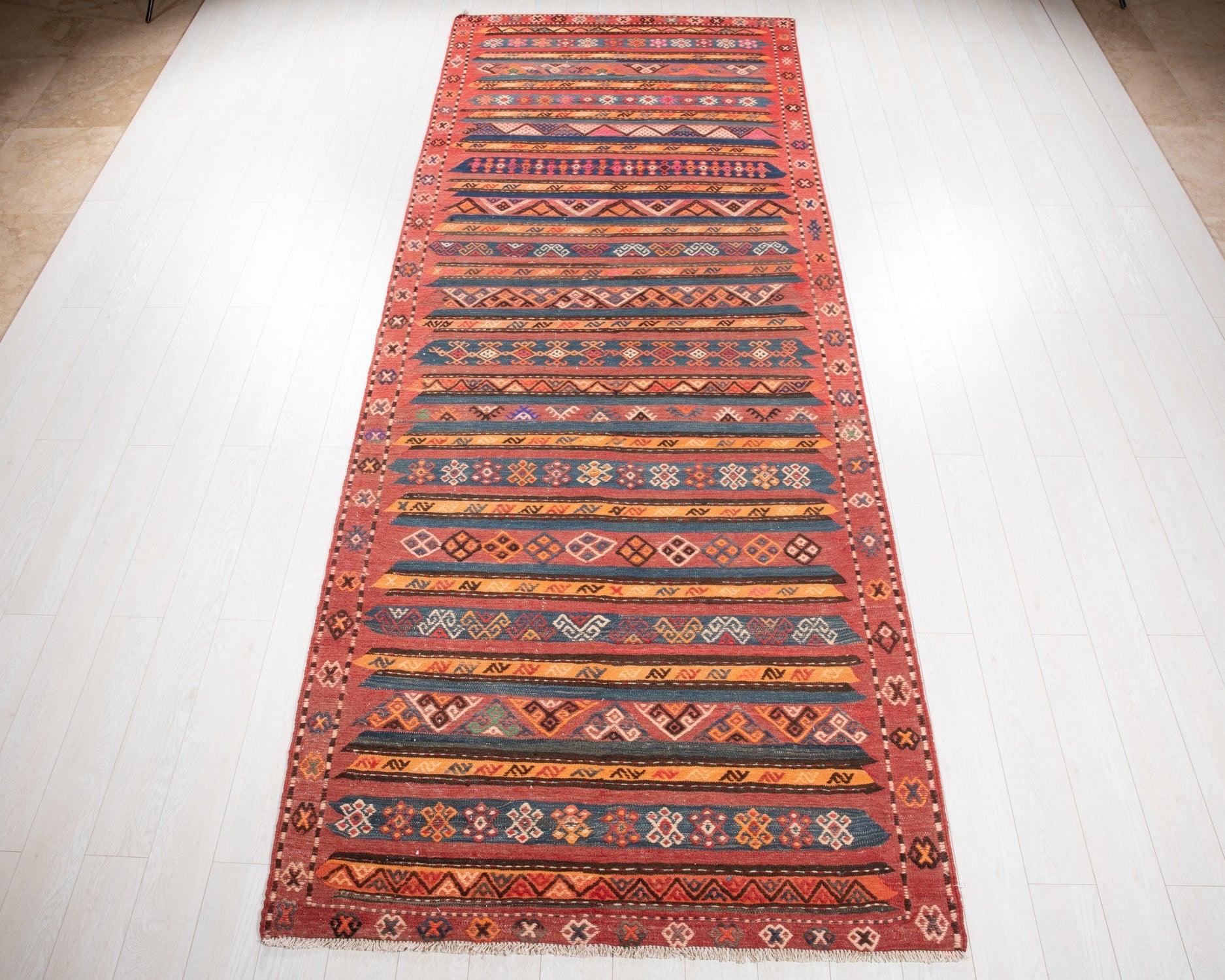 Handwoven Vintage Wool Kilim Runner Rug – 13' 2" x 4' 10" (401 x 148 cm) - Yasi & Fara