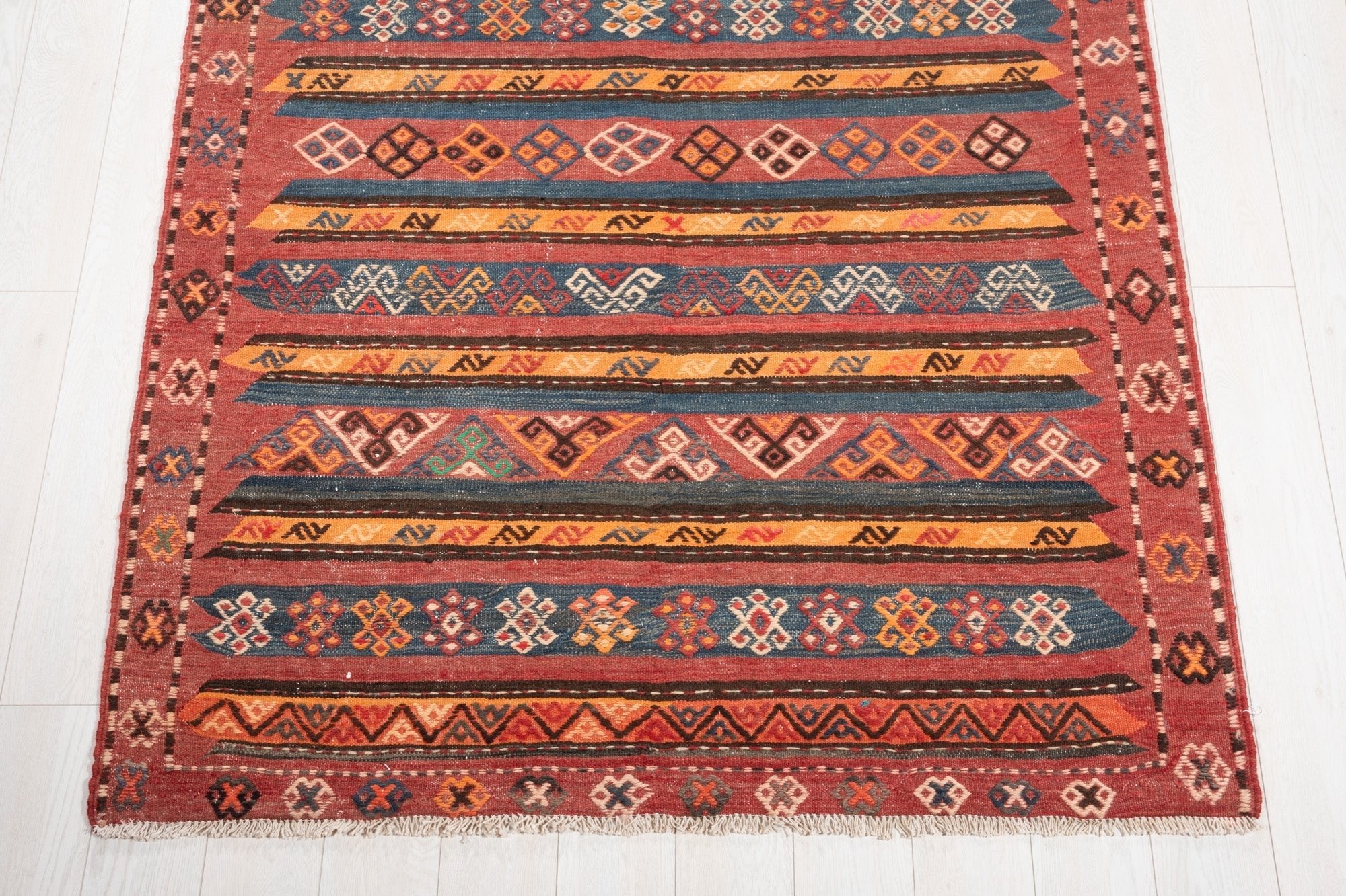 Handwoven Vintage Wool Kilim Runner Rug – 13' 2" x 4' 10" (401 x 148 cm) - Yasi & Fara