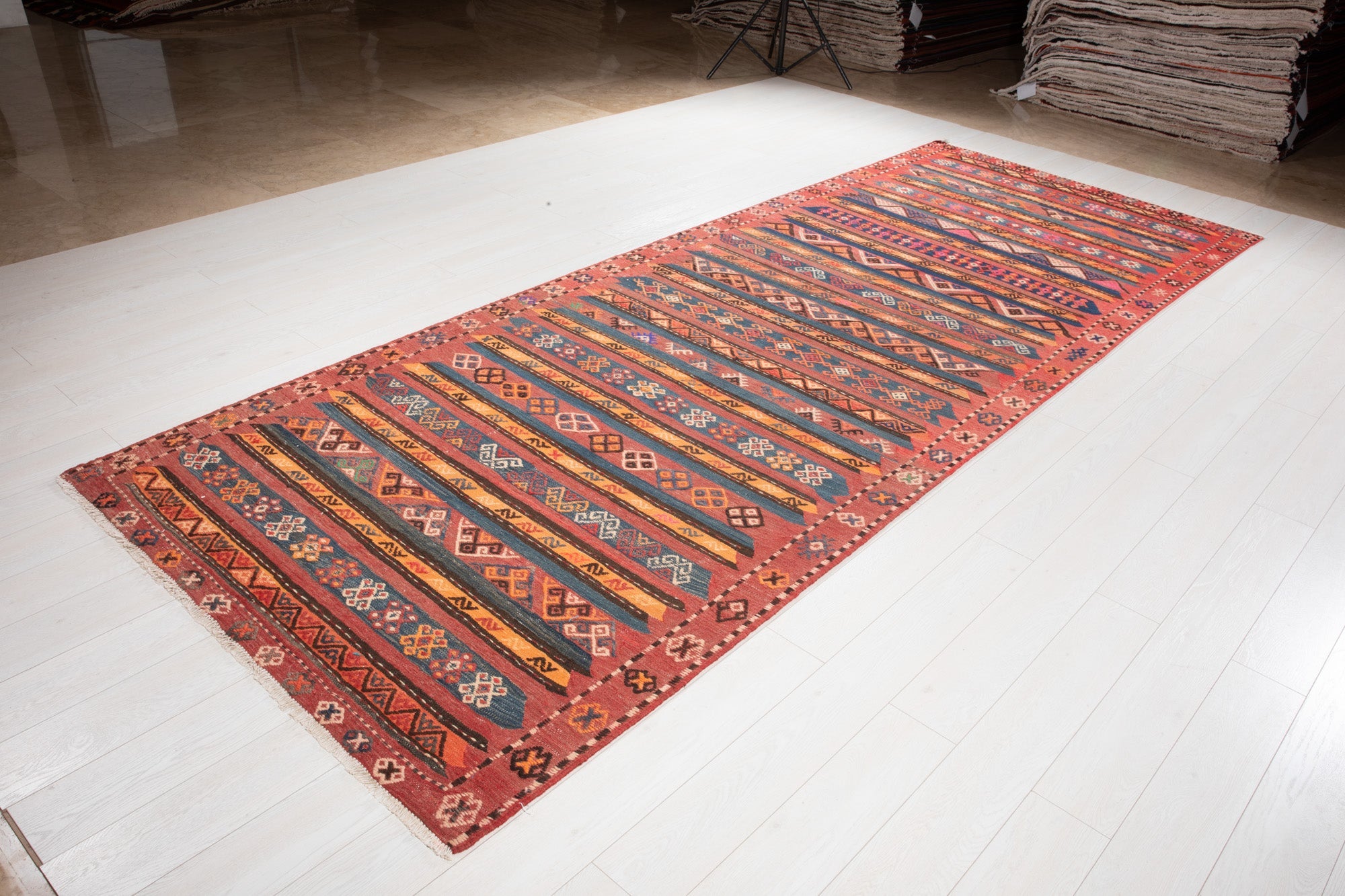 Handwoven Vintage Wool Kilim Runner Rug – 13' 2" x 4' 10" (401 x 148 cm) - Yasi & Fara