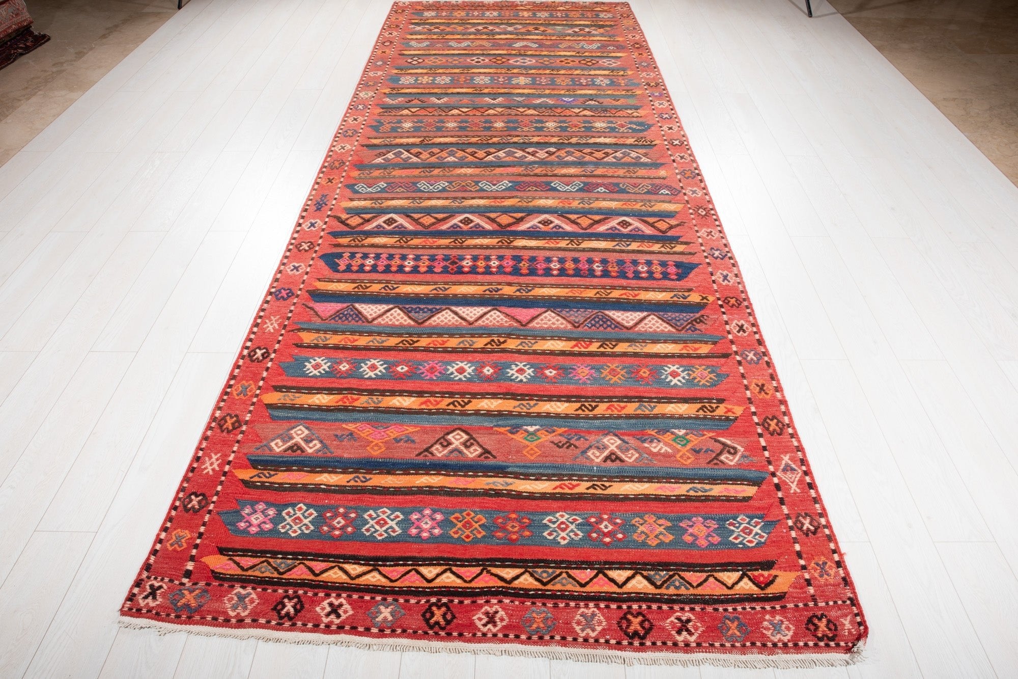 Handwoven Vintage Wool Kilim Runner Rug – 13' 2" x 4' 10" (401 x 148 cm) - Yasi & Fara