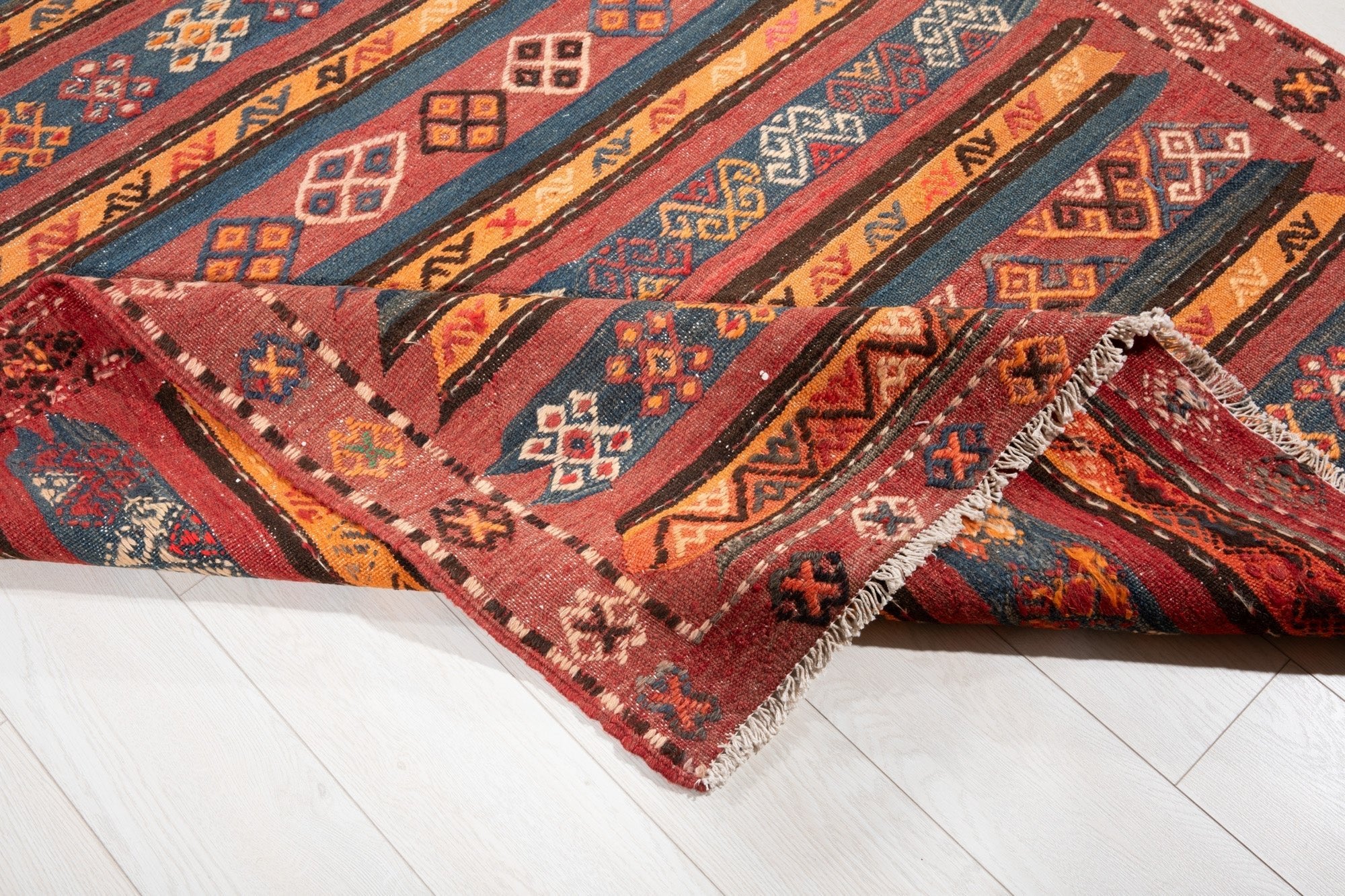 Handwoven Vintage Wool Kilim Runner Rug – 13' 2" x 4' 10" (401 x 148 cm) - Yasi & Fara