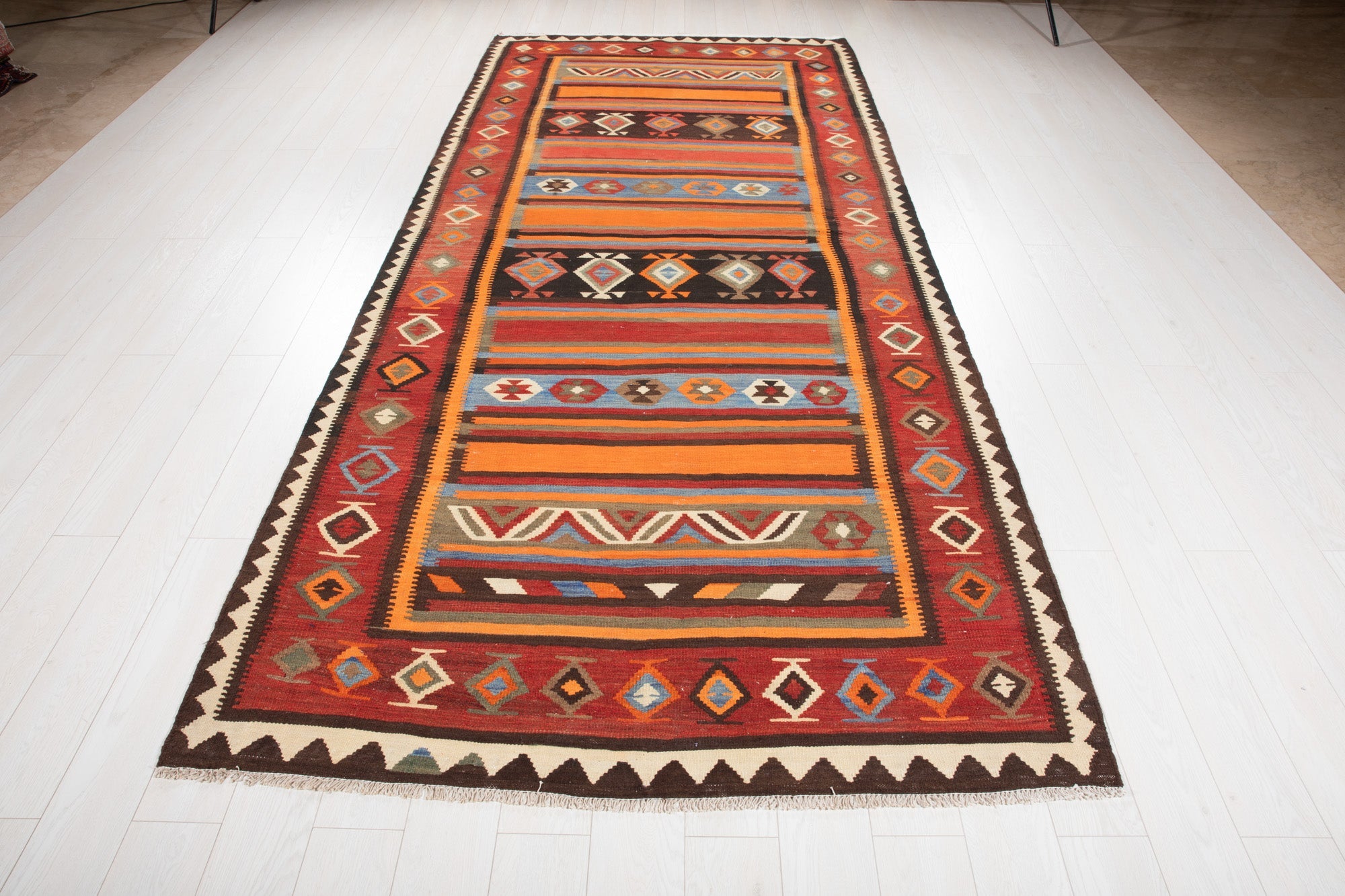 Full-length studio shot of the Persian Shiraz kilim runner from the opposite end.