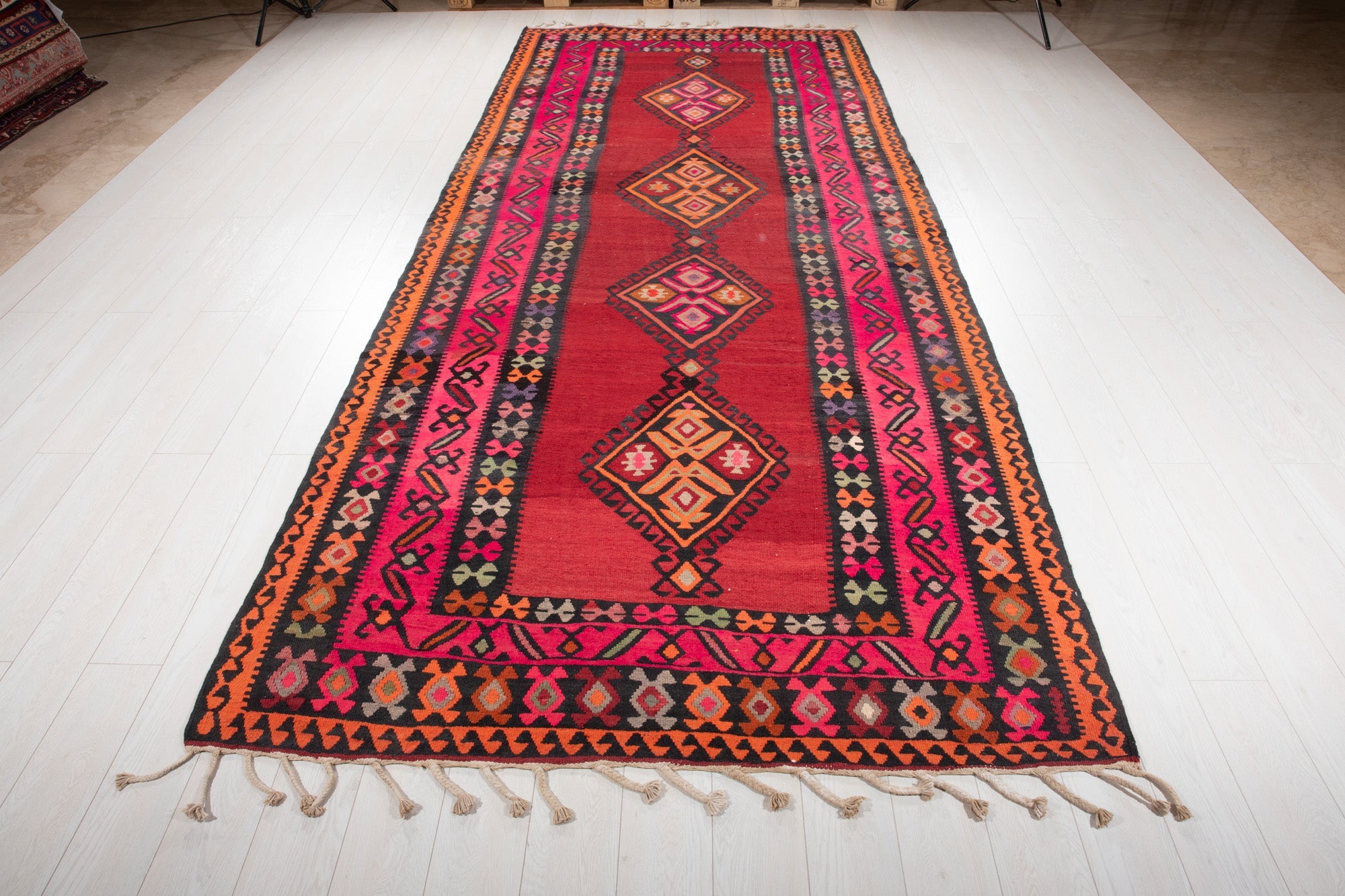 Full-length view of the Persian Shiraz kilim runner from the opposite end.