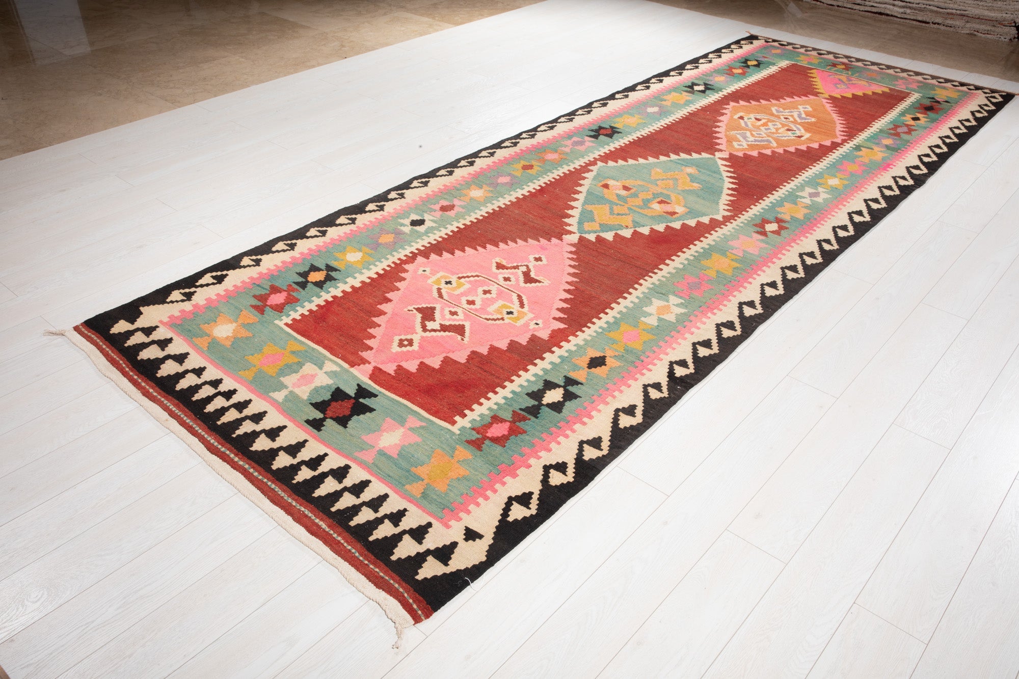 Handwoven Vintage Wool Kilim Rug – 13' 3" x 4' 10" (405 × 146 cm) - Yasi & Fara