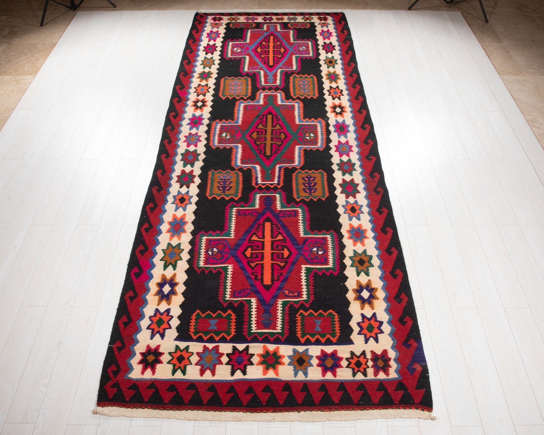 Handwoven Vintage Wool Kilim Rug – 13' 5" x 5' 2" (409 × 158 cm) - Yasi & Fara