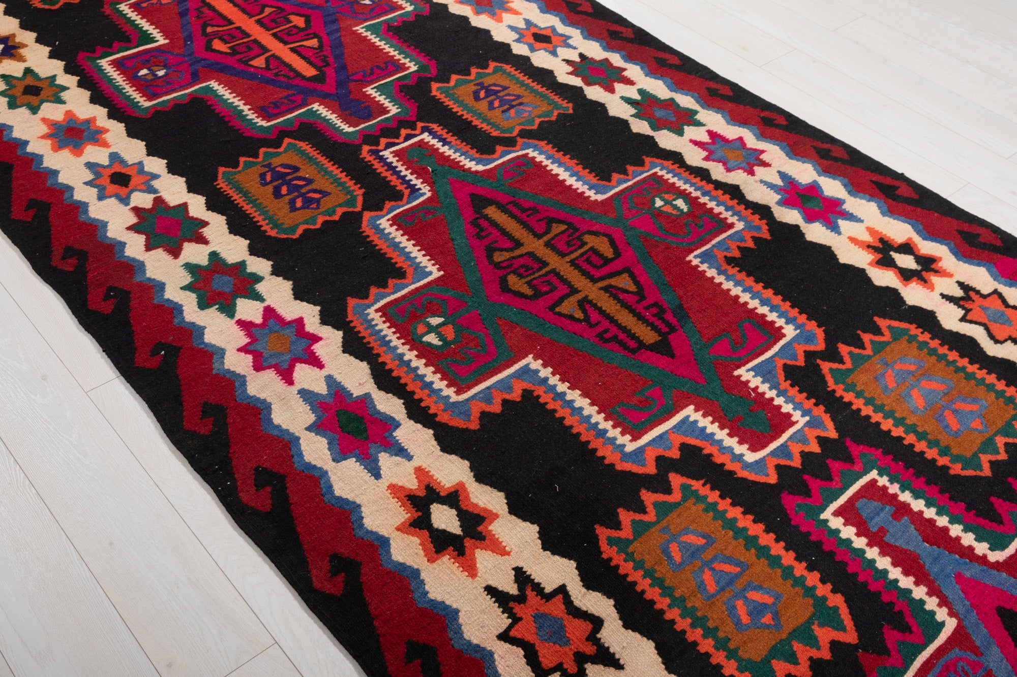 Handwoven Vintage Wool Kilim Rug – 13' 5" x 5' 2" (409 × 158 cm) - Yasi & Fara