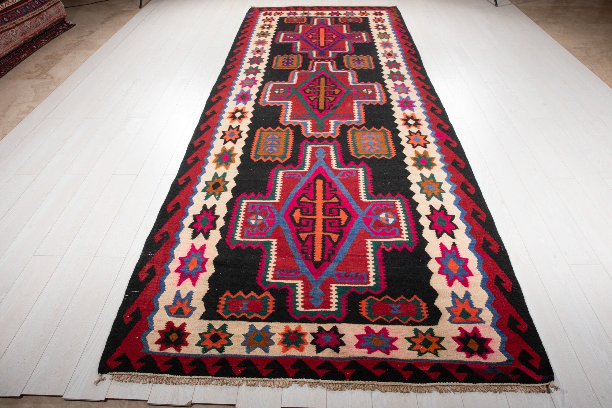 Handwoven Vintage Wool Kilim Rug – 13' 5" x 5' 2" (409 × 158 cm) - Yasi & Fara