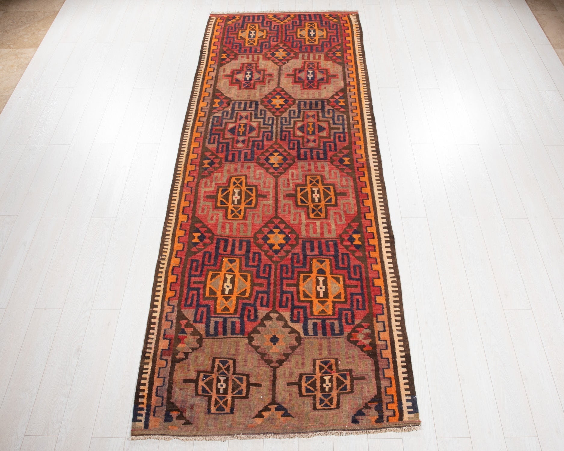 Handwoven Vintage Wool Kilim Runner Rug – 11' 4" x 4' 2" (346 × 126 cm) - Yasi & Fara