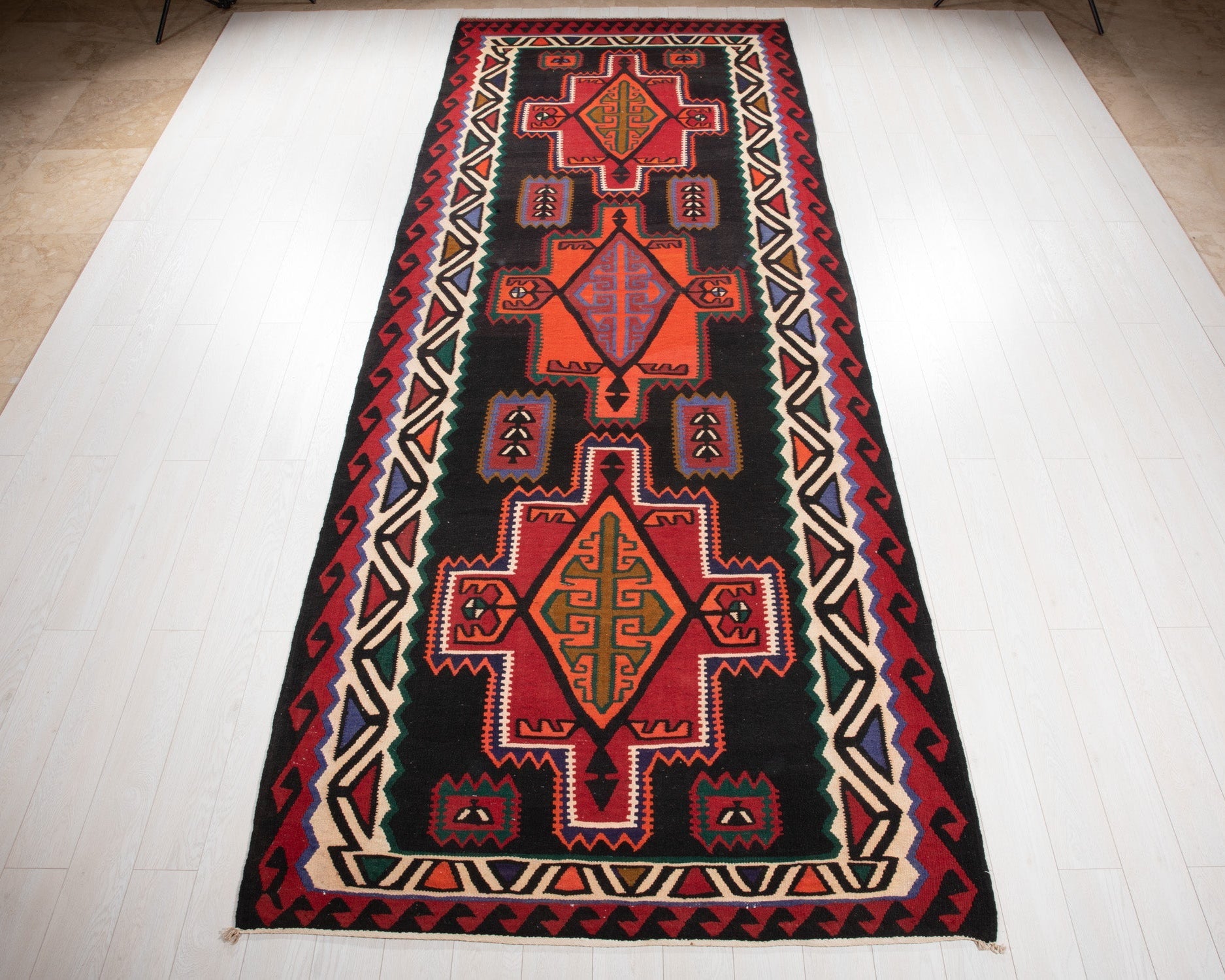 Handwoven Vintage Wool Kilim Rug – 13' 11" x 5' 4" (425 × 162 cm) - Yasi & Fara