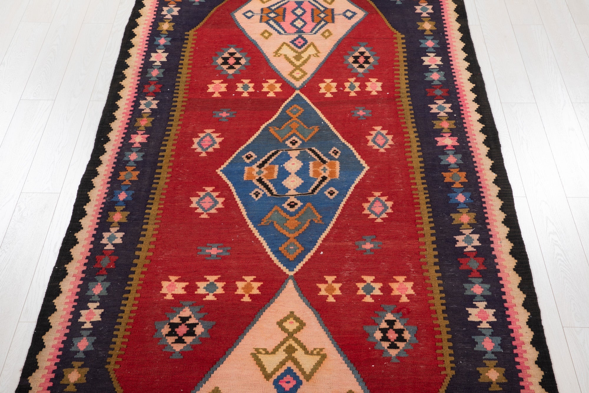 Handwoven Vintage Wool Kilim Rug – 13' 1" x 5' 4" (398 × 163 cm) - Yasi & Fara