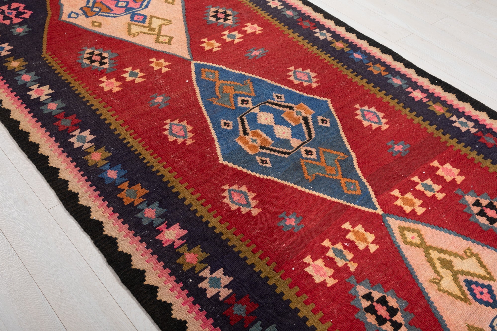 Handwoven Vintage Wool Kilim Rug – 13' 1" x 5' 4" (398 × 163 cm) - Yasi & Fara