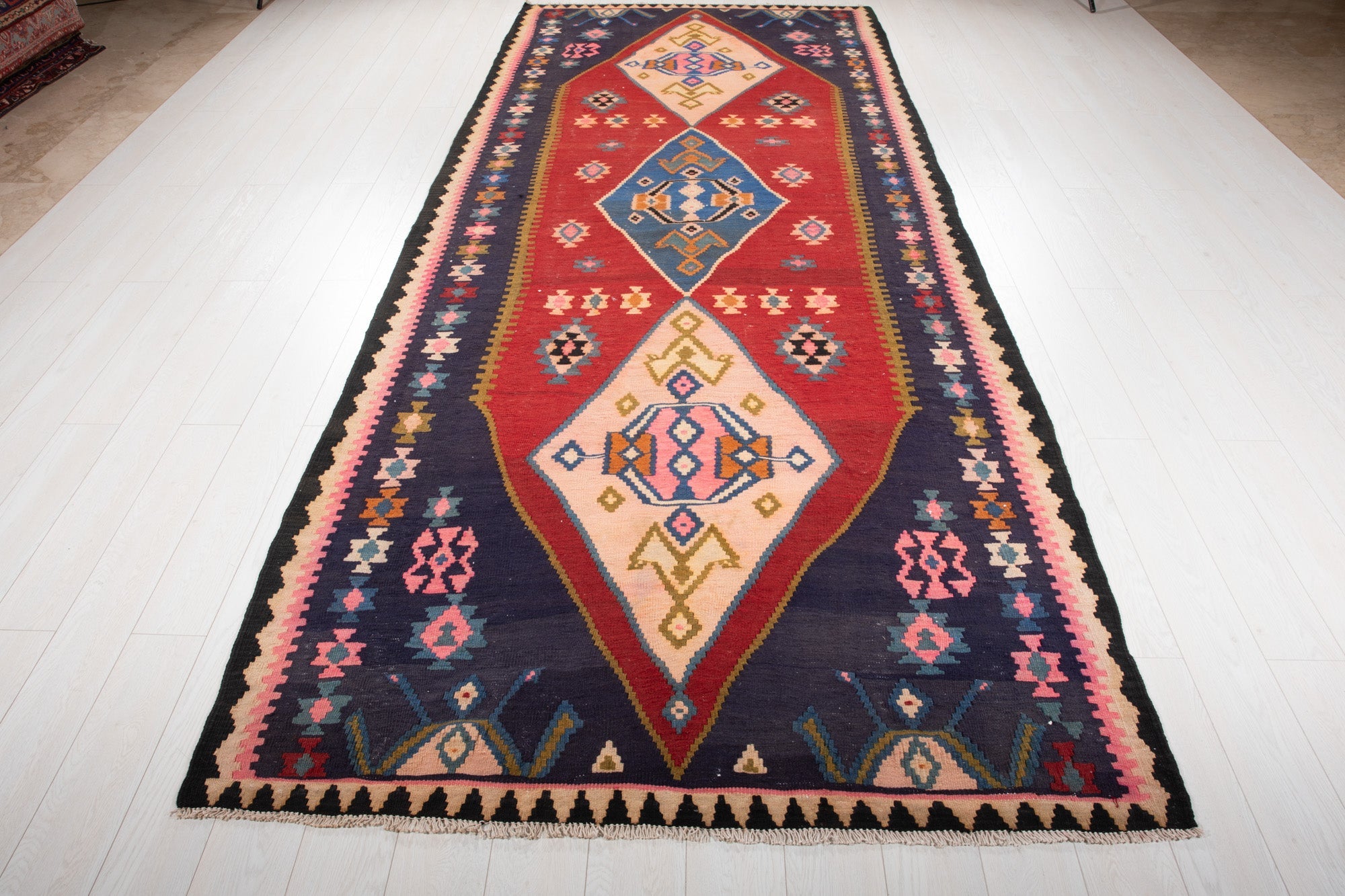 Handwoven Vintage Wool Kilim Rug – 13' 1" x 5' 4" (398 × 163 cm) - Yasi & Fara