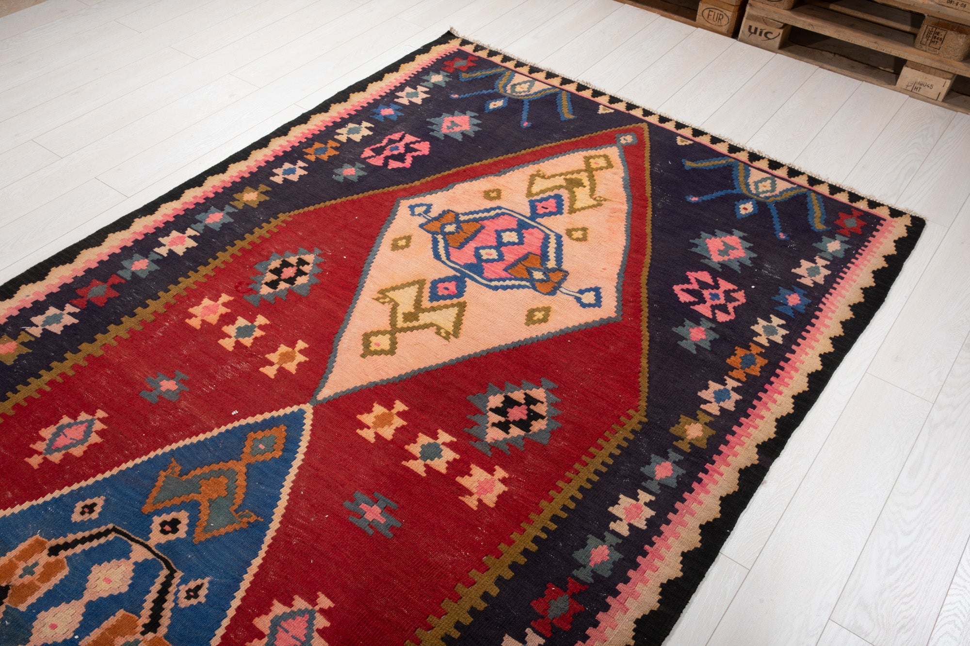 Handwoven Vintage Wool Kilim Rug – 13' 1" x 5' 4" (398 × 163 cm) - Yasi & Fara