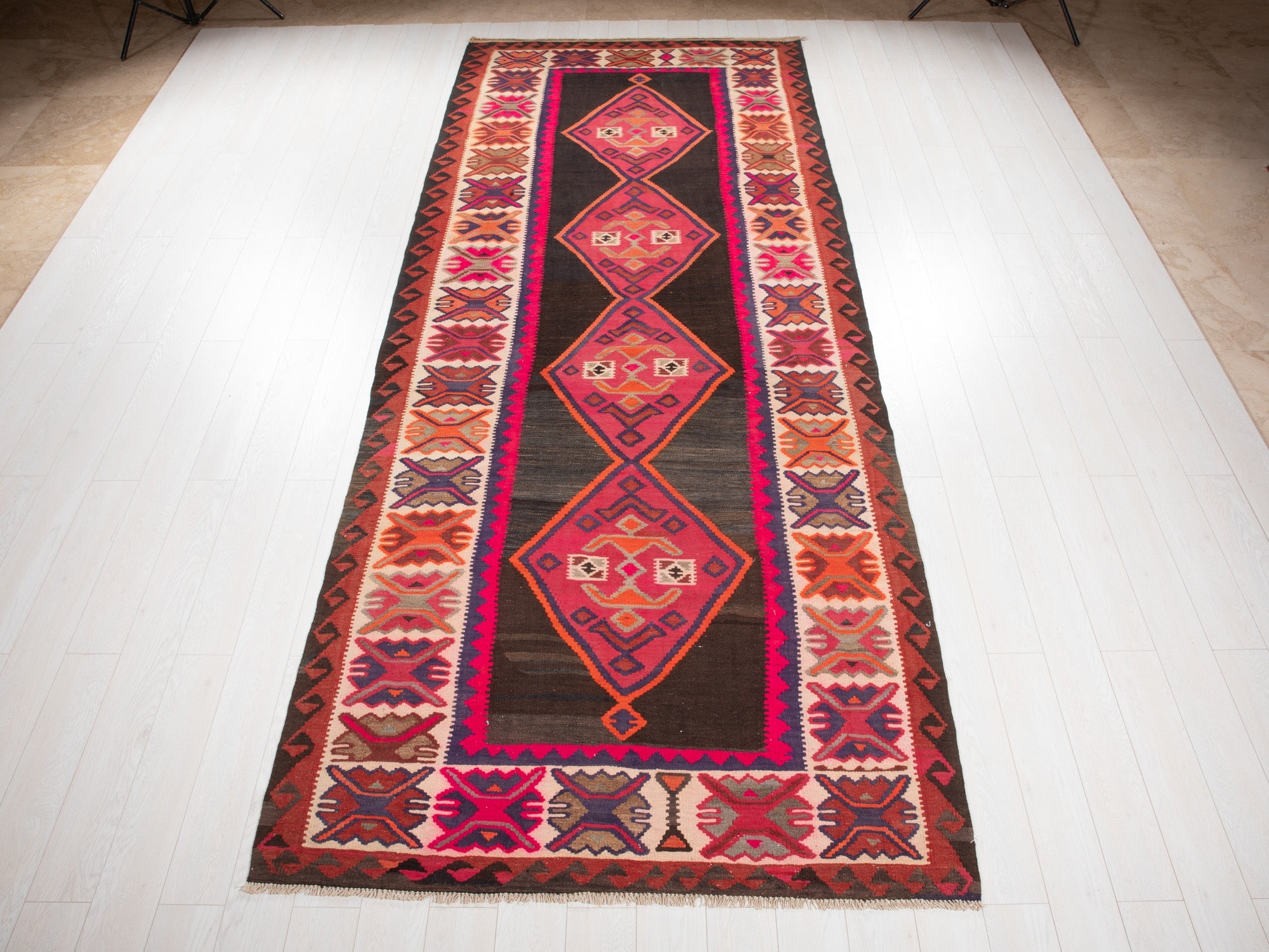 Handwoven Vintage Wool Kilim Rug – 13' 2" x 5' 3" (402 × 161 cm) - Yasi & Fara