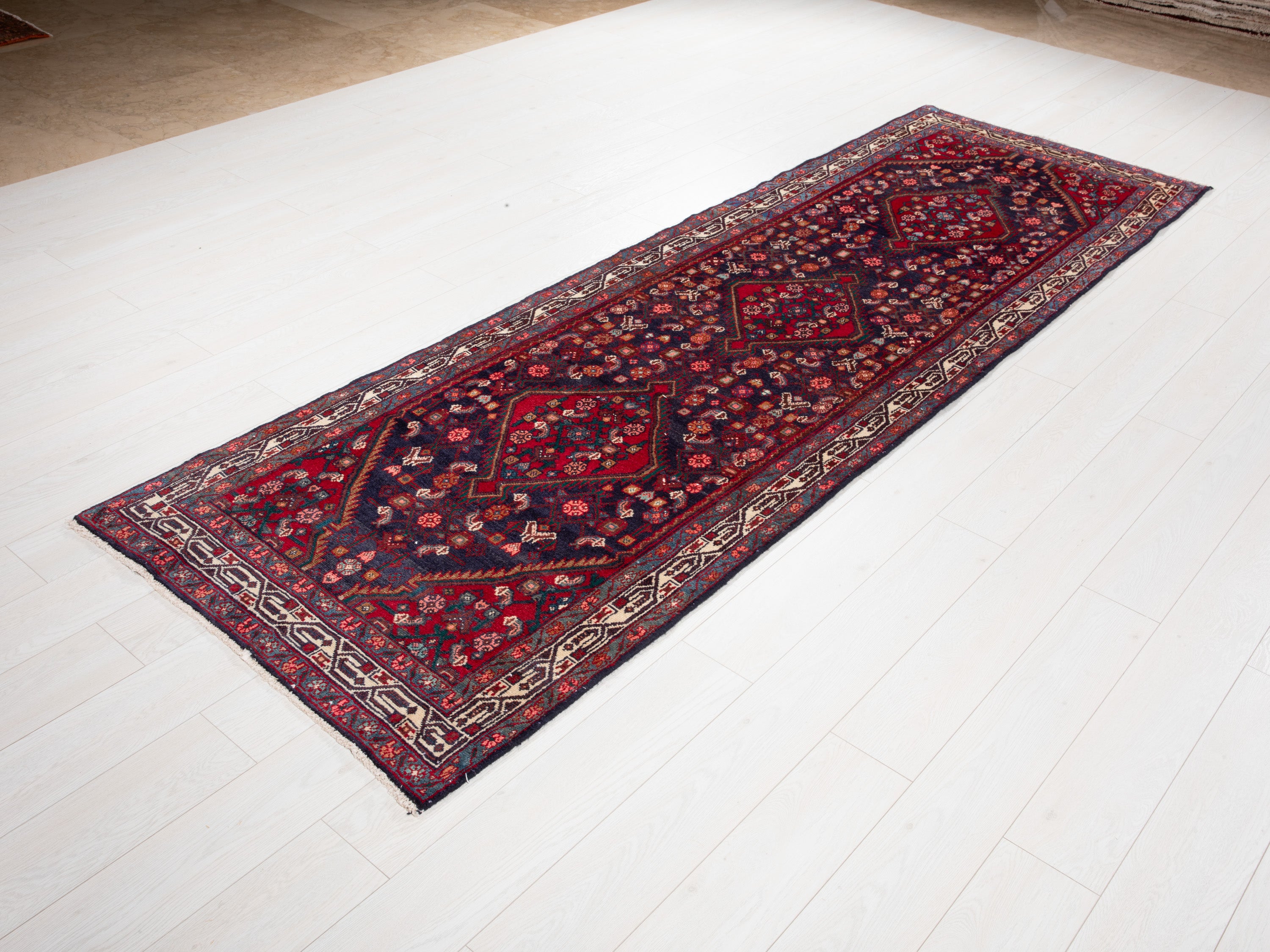 Hand-Knotted Vintage Wool Navy Blue Hamadan Runner, 10 ft Long – 10' 6" × 3' 5" (320 x 105 cm)