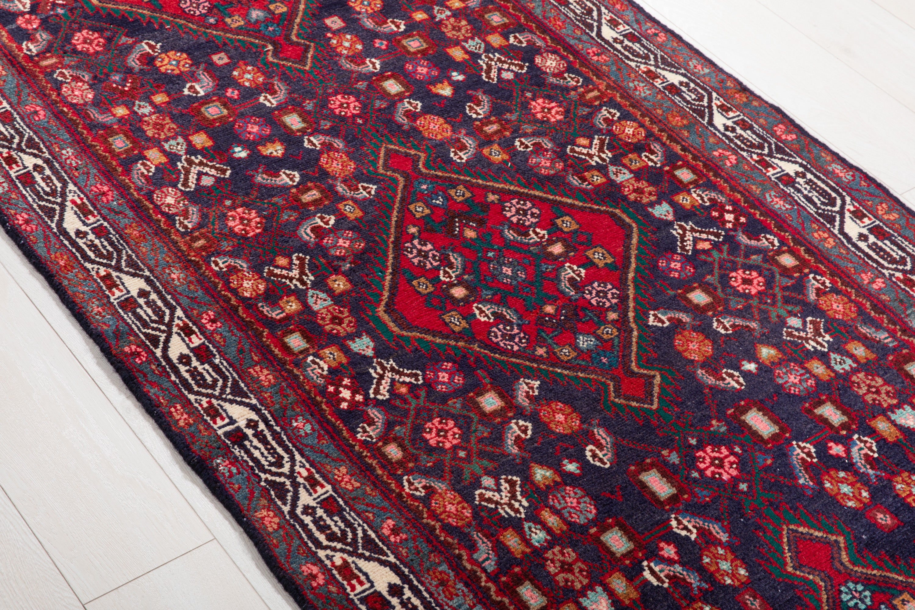 Hand-Knotted Vintage Wool Navy Blue Hamadan Runner, 10 ft Long – 10' 6" × 3' 5" (320 x 105 cm)