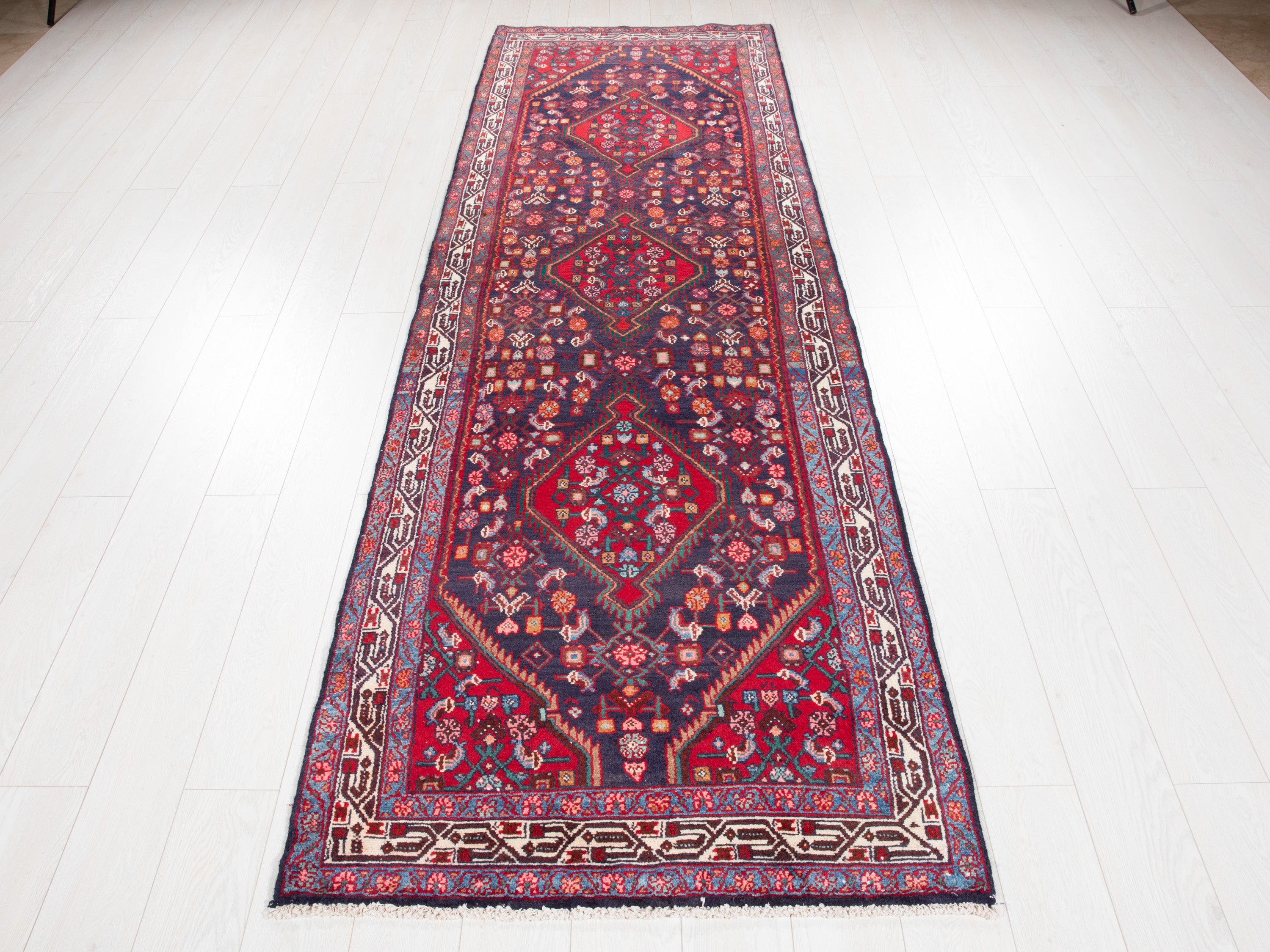 Hand-Knotted Vintage Wool Navy Blue Hamadan Runner, 10 ft Long – 10' 6" × 3' 5" (320 x 105 cm)