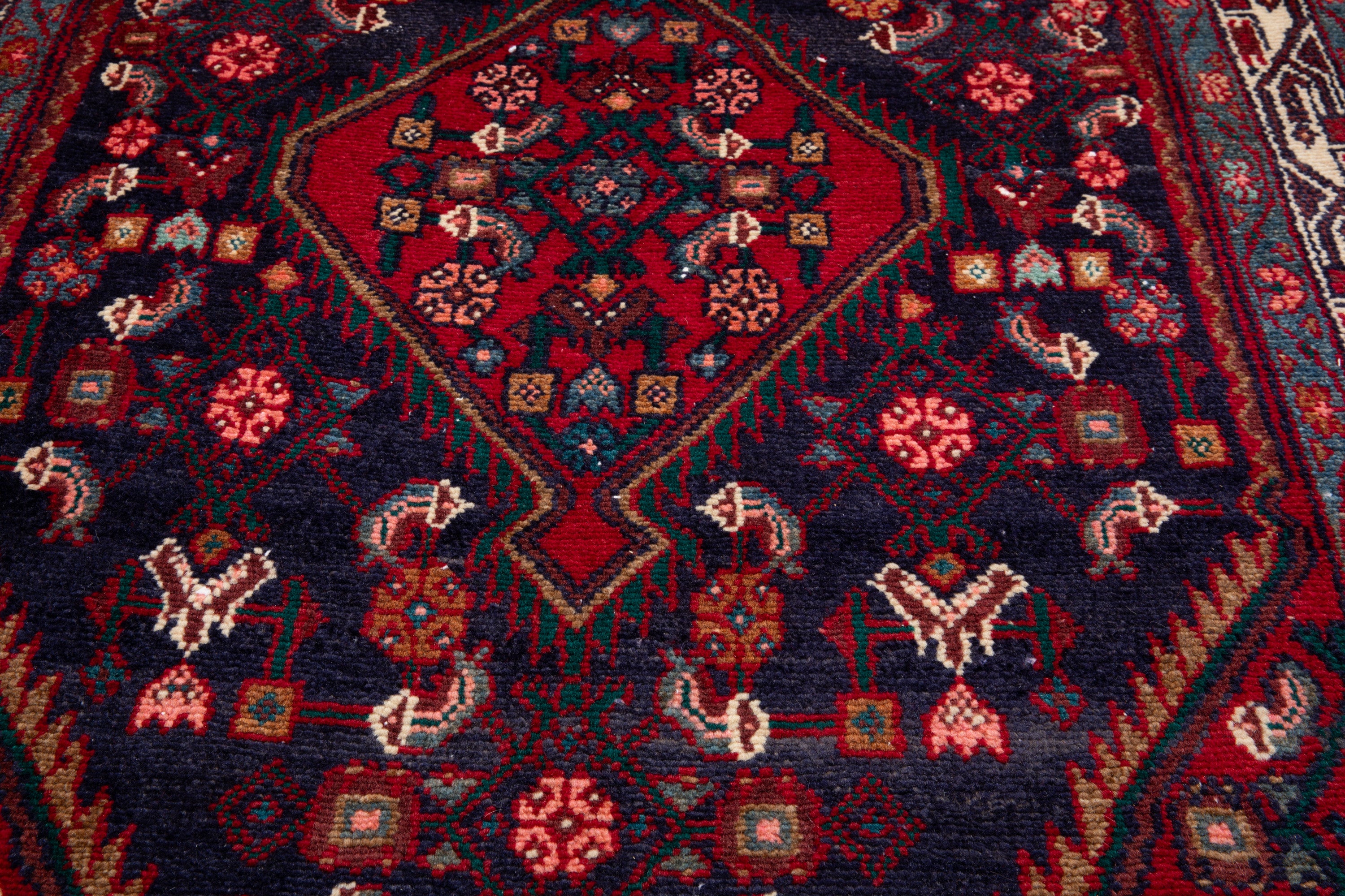 Hand-Knotted Vintage Wool Navy Blue Hamadan Runner, 10 ft Long – 10' 6" × 3' 5" (320 x 105 cm)