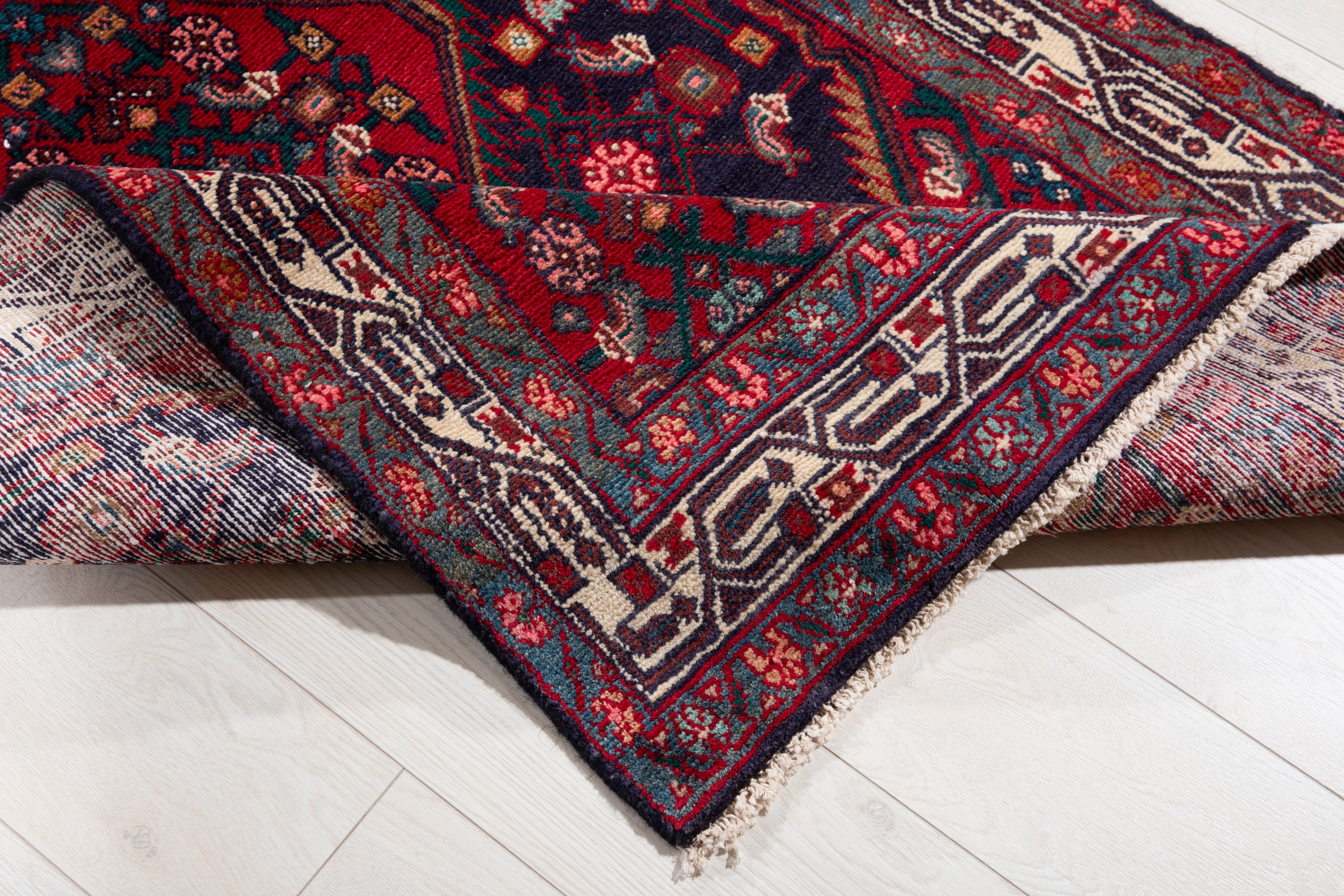 Hand-Knotted Vintage Wool Navy Blue Hamadan Runner, 10 ft Long – 10' 6" × 3' 5" (320 x 105 cm)