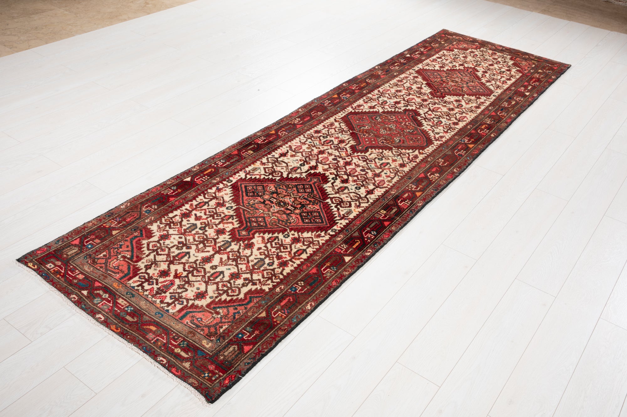 Hand-Knotted Vintage Wool Runner Rug – 10' 6" x 2' 11" (319 × 90 cm) - Yasi & Fara