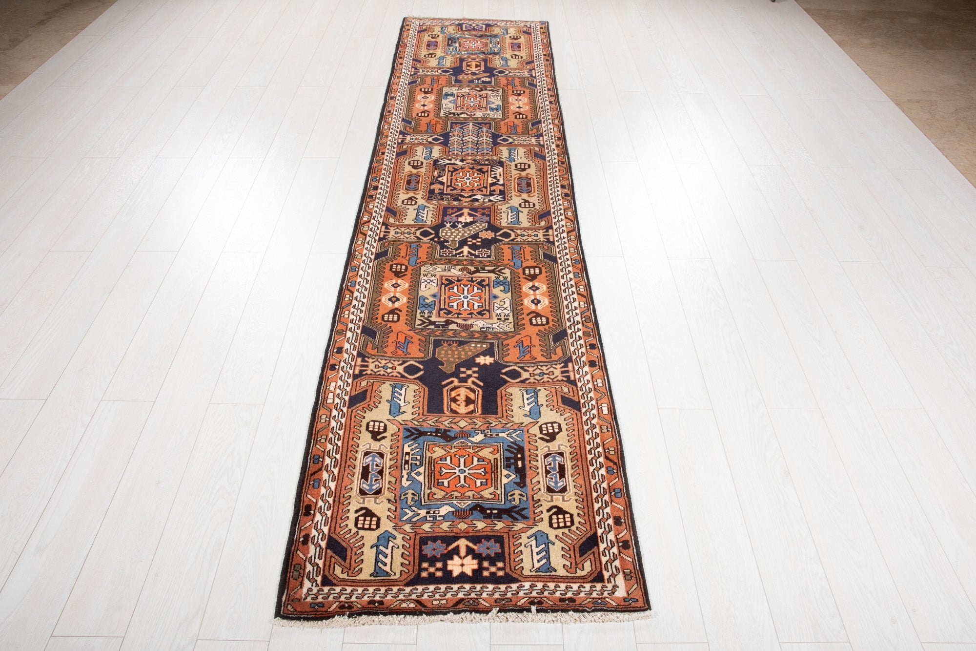 Hand-Knotted Vintage Wool Runner Rug – 10' 7" x 2' 7" (323 × 80 cm) - Yasi & Fara