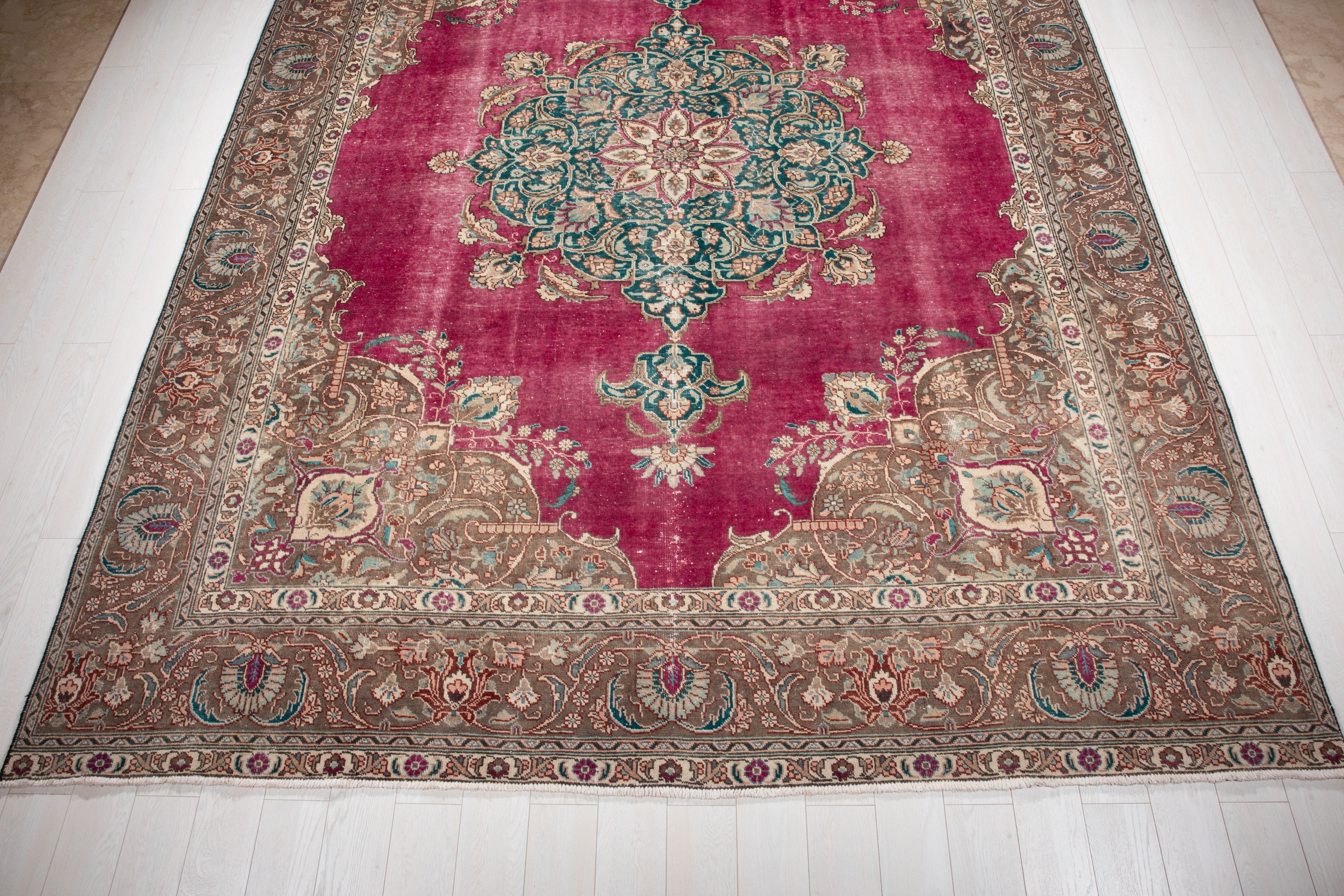 Hand-Knotted Vintage Large Wool Area Rug Faded – 12' 4" x 9' 6" (376 x 290 cm) - Yasi & Fara