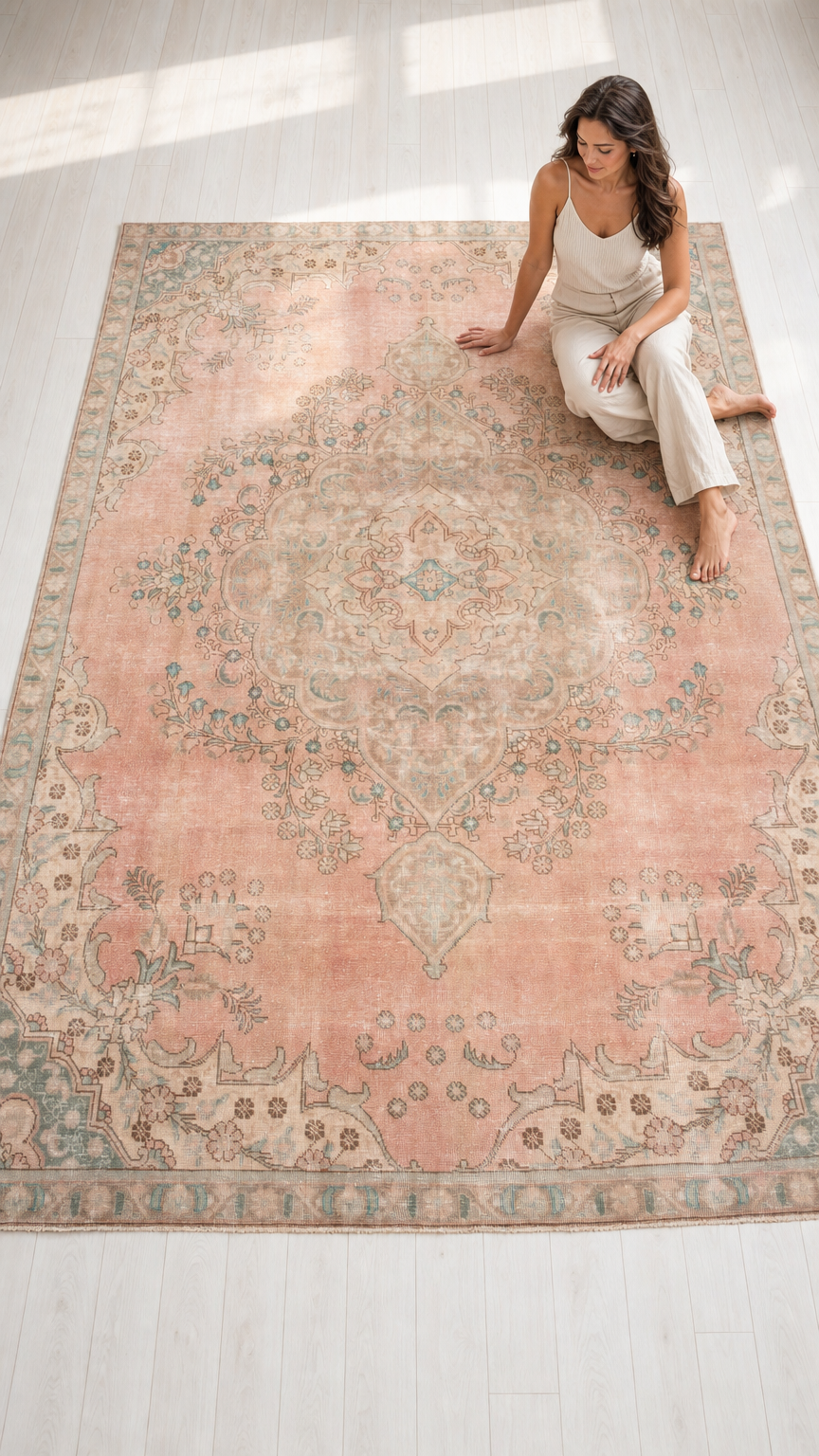 Hand-Knotted Vintage Large Wool Area Rug Faded – 10' 8" x 7' 4" (326 x 225 cm) - Yasi & Fara