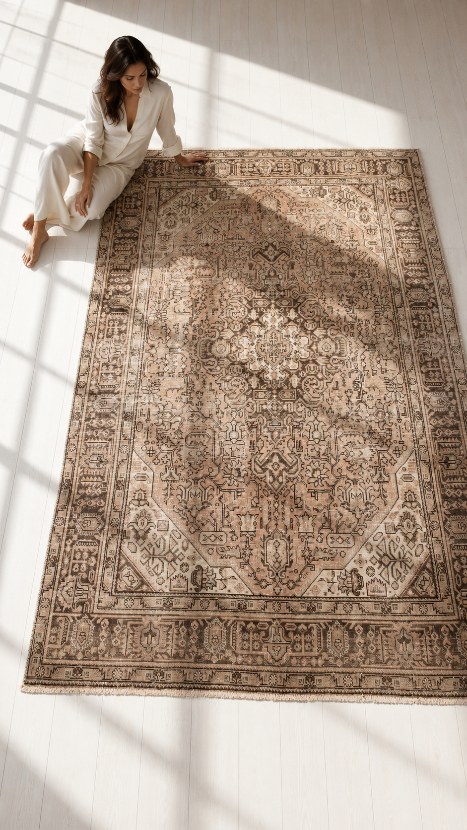 Hand-Knotted Vintage Large Wool Area Rug Faded – 9' 6" x 6' 4" (289 x 193 cm) - Yasi & Fara