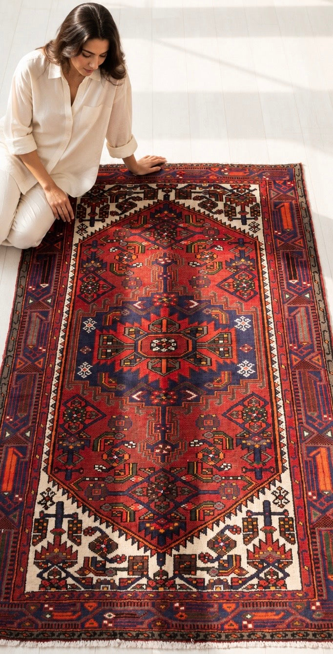Vintage Zanjan Geometric Wool Rug, Red, Beige & Navy Blue, 4x7 – 6' 6" x 4' 2" (198 x 127 cm)