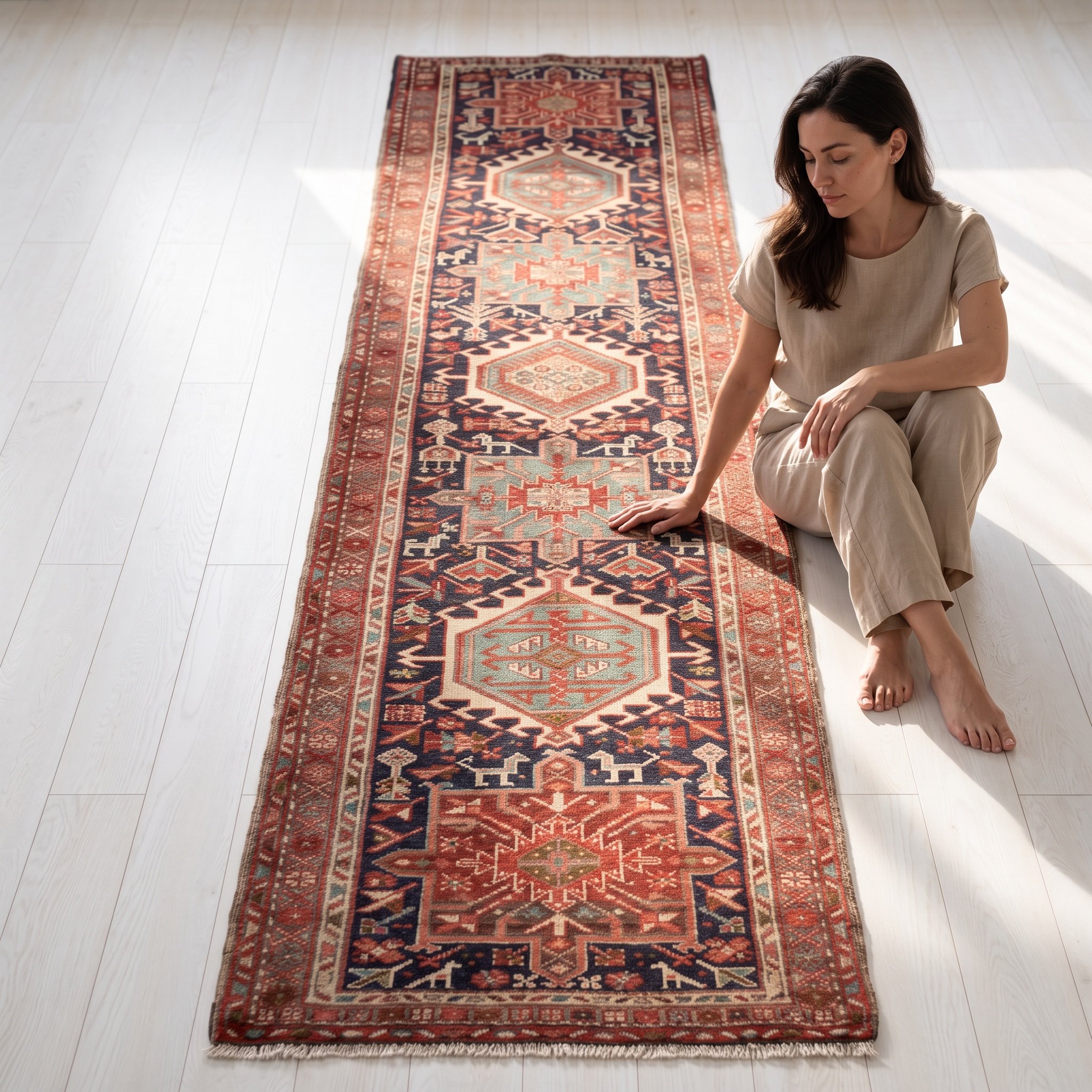 Antique Gharajeh Heriz Geometric Wool Runner, Navy Blue, 11 ft long – 10' 9" x 2' 10" (327 x 87 cm)