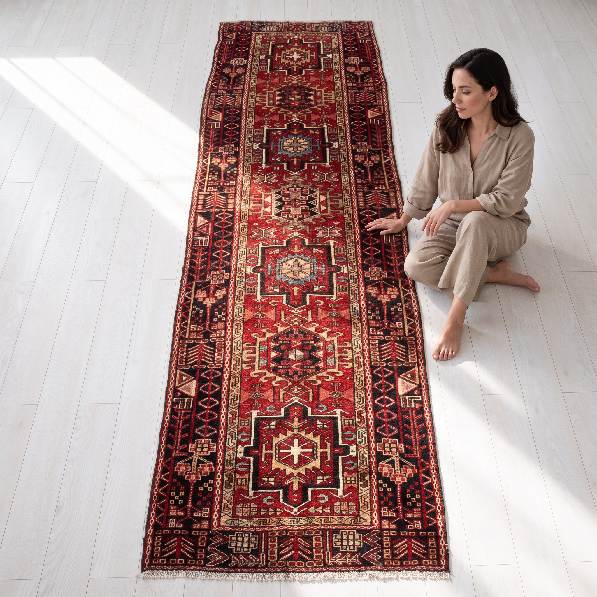 Rare Gharajeh Heriz Wool Runner, Red, 11 ft long – 10' 8" x 3' 2" (326 x 96 cm)