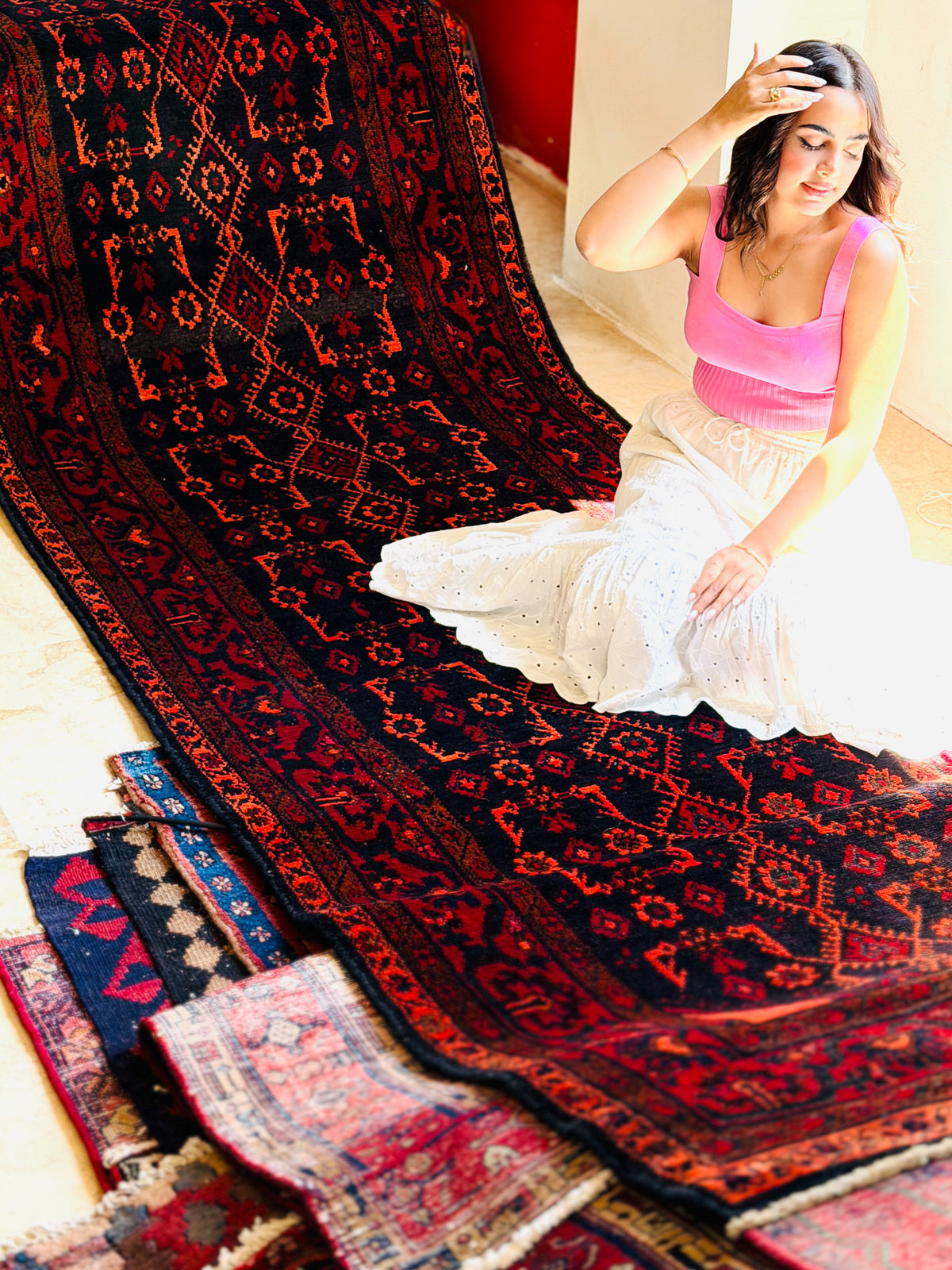 Collectible Semi-Antique Long Hand-Knotted Runner, Navy & Red – 17' 11" x 3' 7" (546 x 110 cm)
