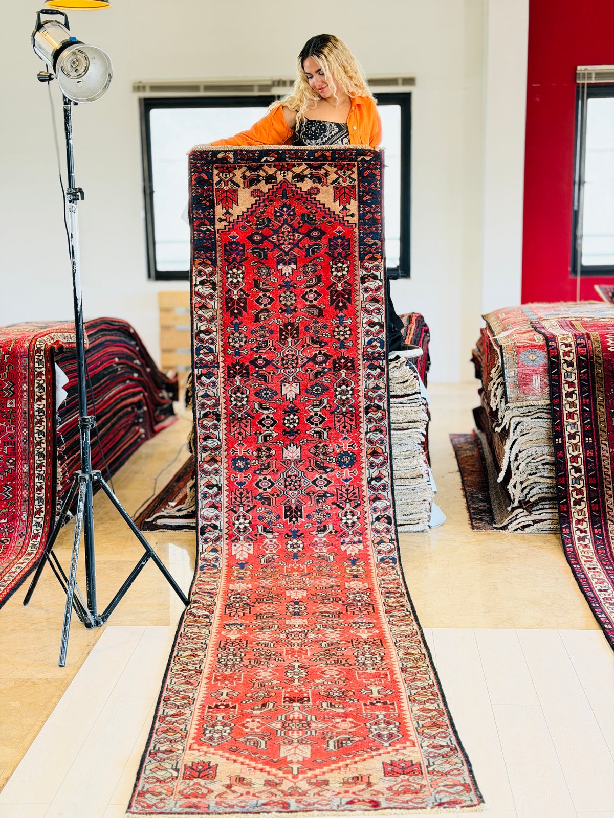 Semi-Antique Allover Narrow Runner Rug, Red – 12' 5" x 2' 10" (379 x 86 cm)