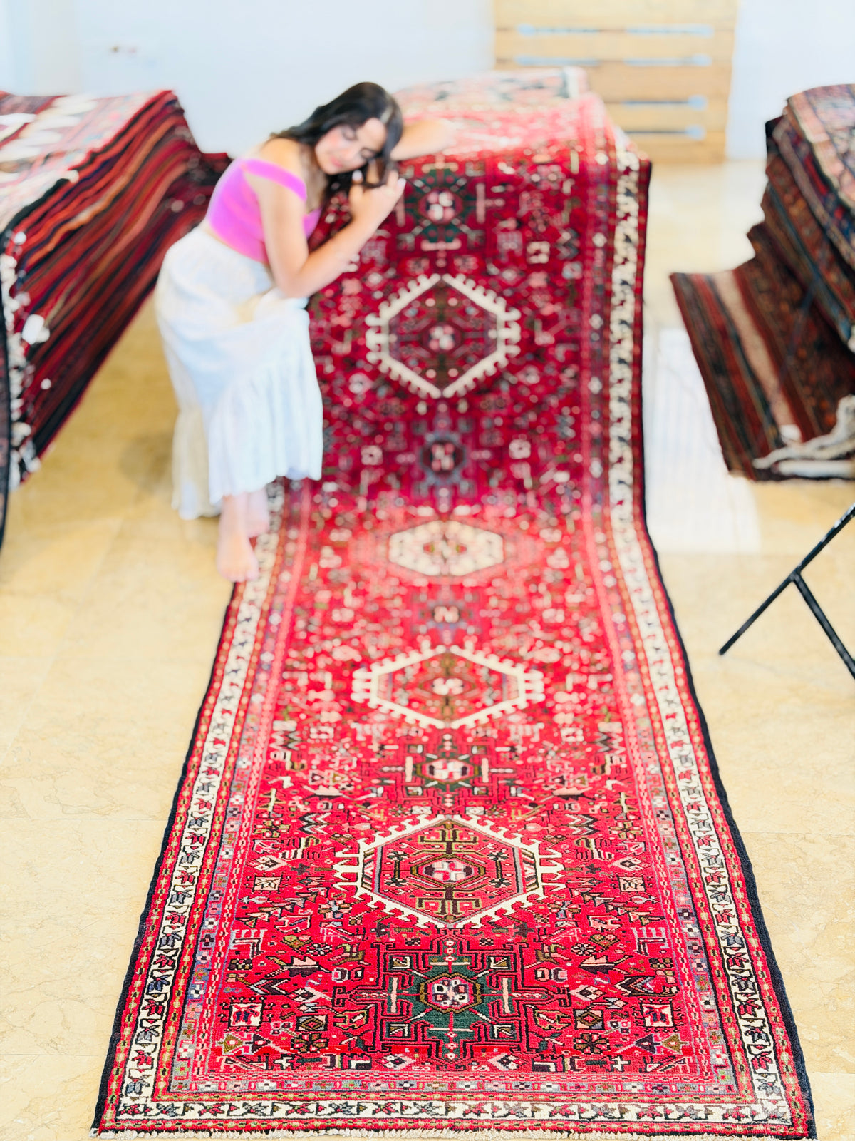 Fine Vintage 11 Geometric Medallions Runner Rug, Red & Green – 12' 6" x 3' 5" (382 x 104 cm)