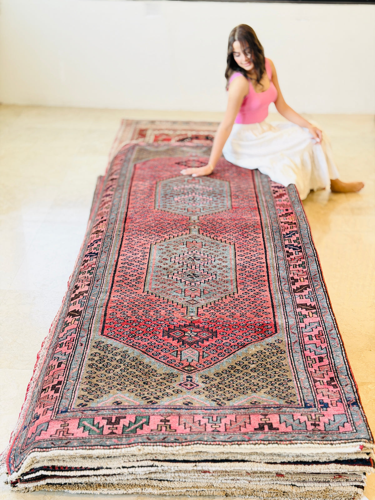 Rare Vintage Twin-Medallion Runner Rug, Coral Red, Pink & Soft Blue – 9' 9" x 3' 9" (298 x 115 cm)