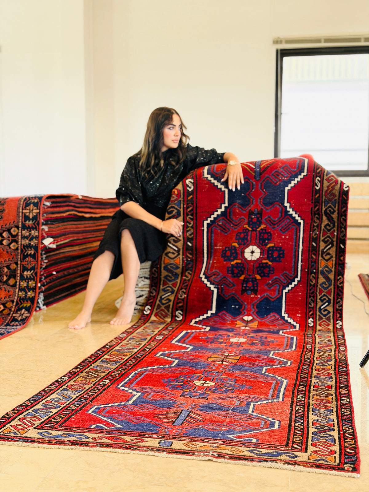 Semi-Antique Tribal Geometric Wool Runner, Red, Navy Blue & Brown – 10' 3" x 3' 7" (313 x 109 cm)