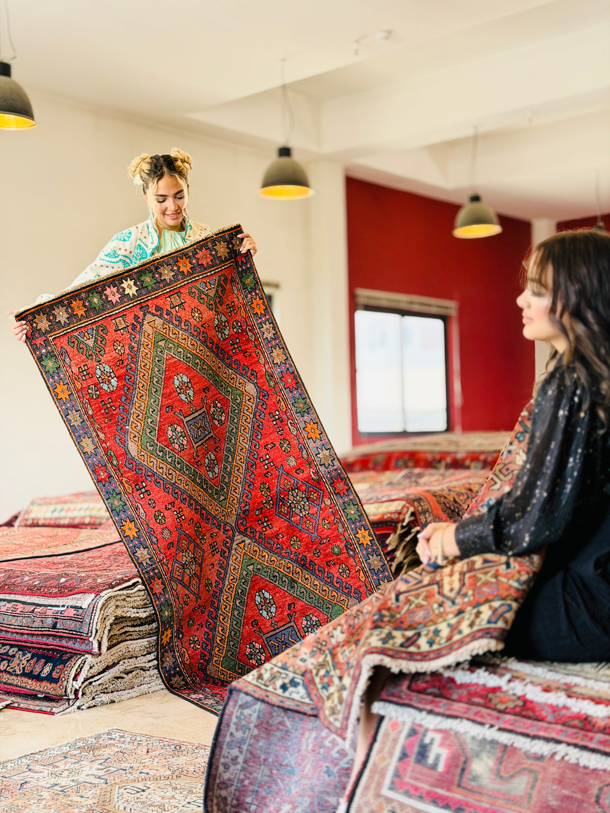 Semi-Antique Bold Geometric Hand-Knotted Wool Rug, Red & Green – 7' 0" x 3' 1" (213 x 94 cm)