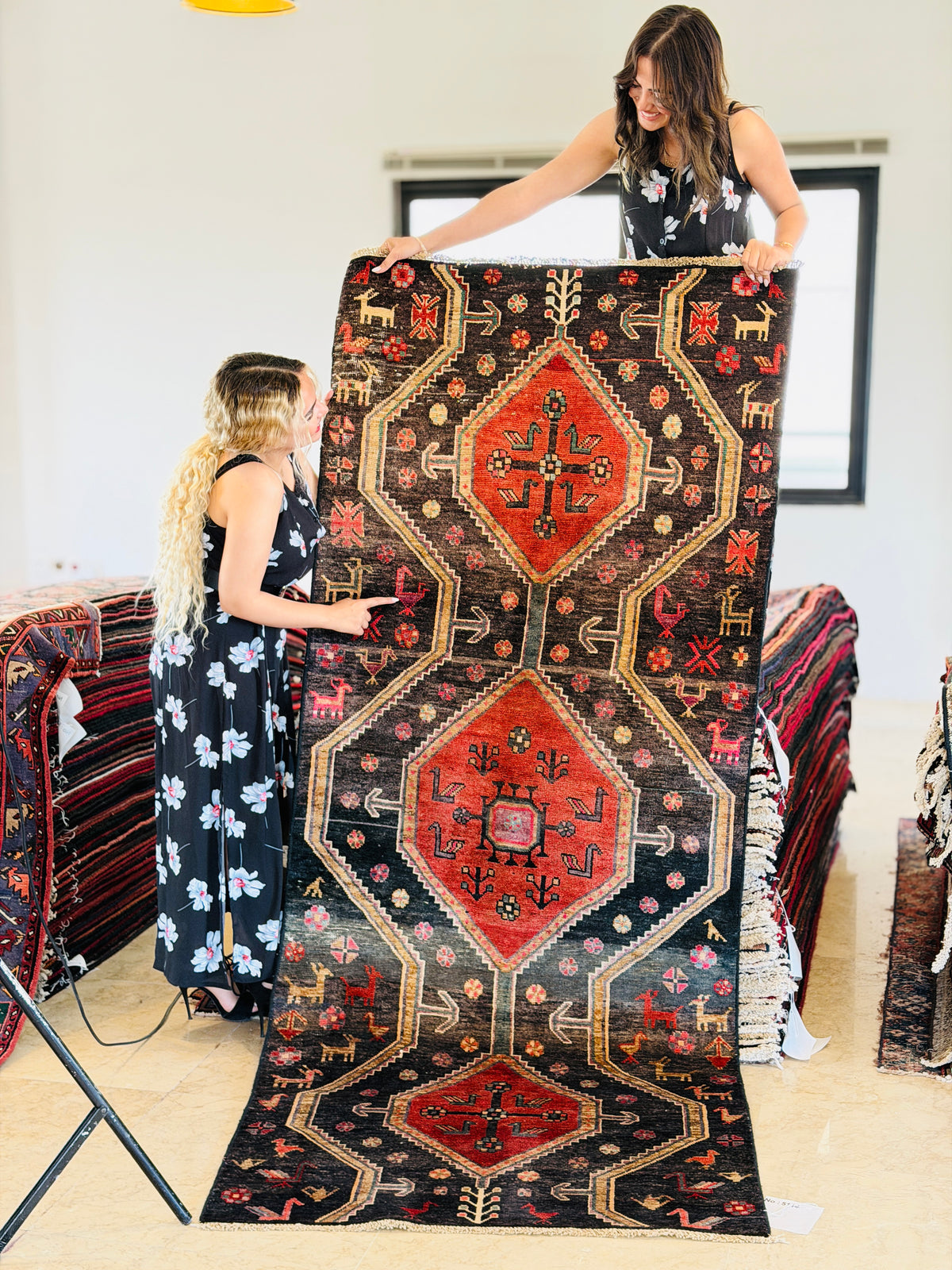 Antique Tribal Geometric Narrow Wool Hallway Runner Rug, Faded Navy Blue & Red – 8' 1" x 3' 4" (246 x 102 cm)