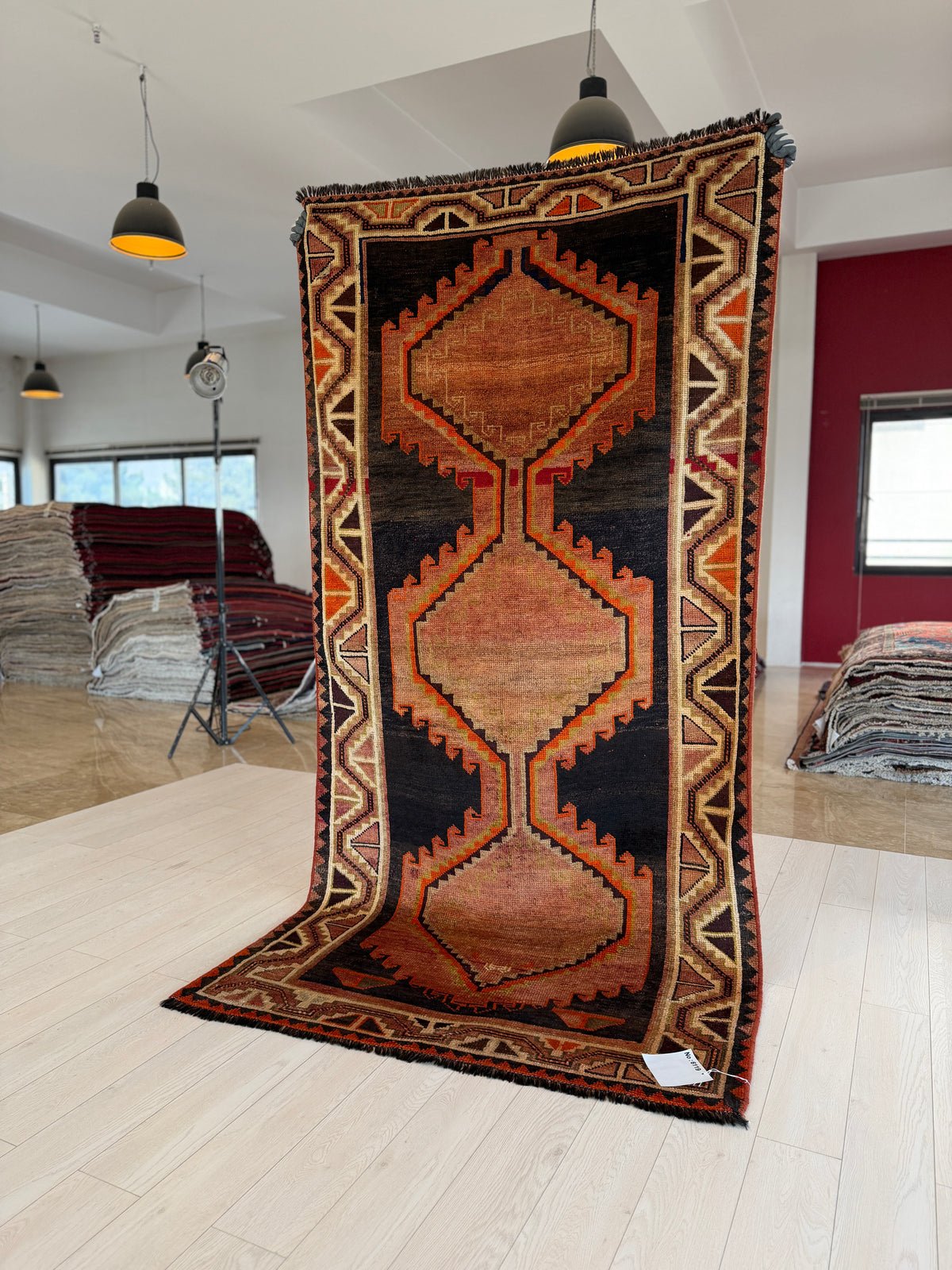 Rare Collectible Antique Rust Orange & Black Geometric Medallion Wool Rug – 8' 6" x 4' 2" (259 x 128 cm)