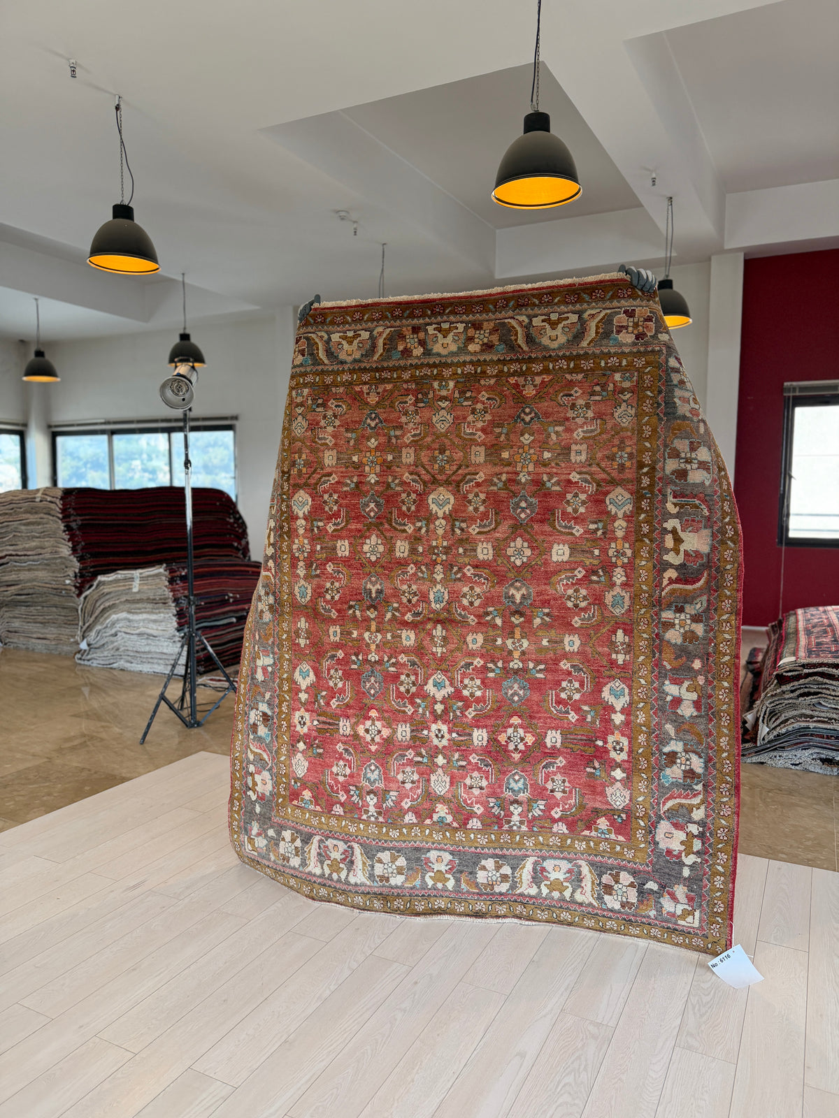 Rare Collectible Antique Faded Rust Red Wool Rug – 6' 5" x 5' 8" (196 x 173 cm)