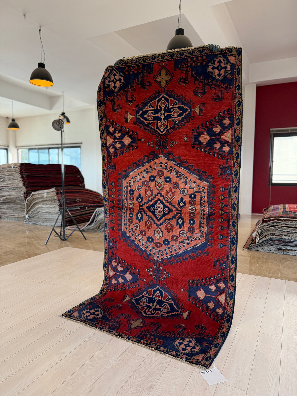 Collectible Vintage Orange Red & Blue Geometric Medallion Wool Rug – 8' 4" x 4' 0" (255 x 123 cm)