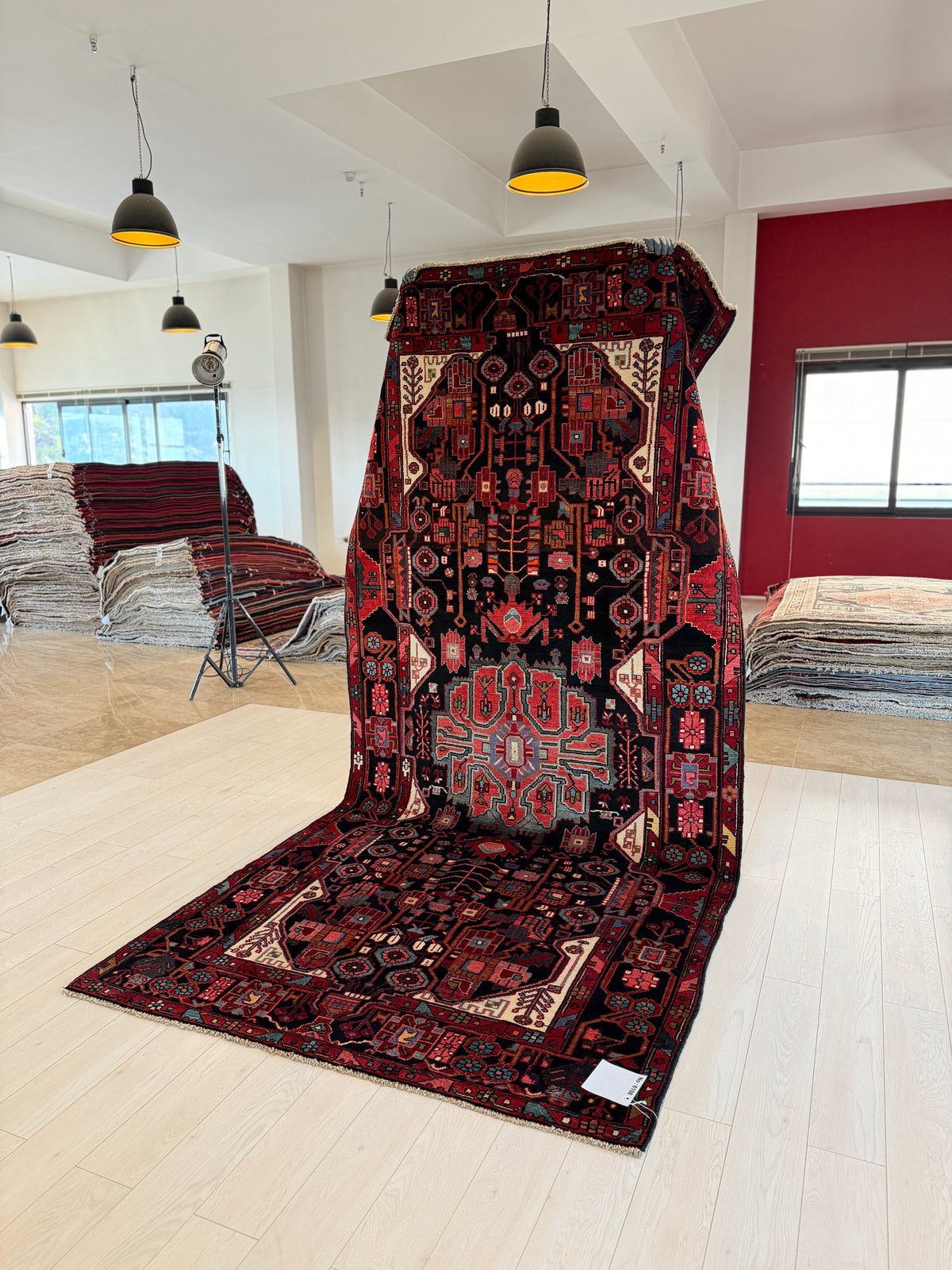 Vintage Deep Navy Blue & Red Geometric Allover Wool Rug – 11' 2" x 5' 1" (340 x 156 cm)