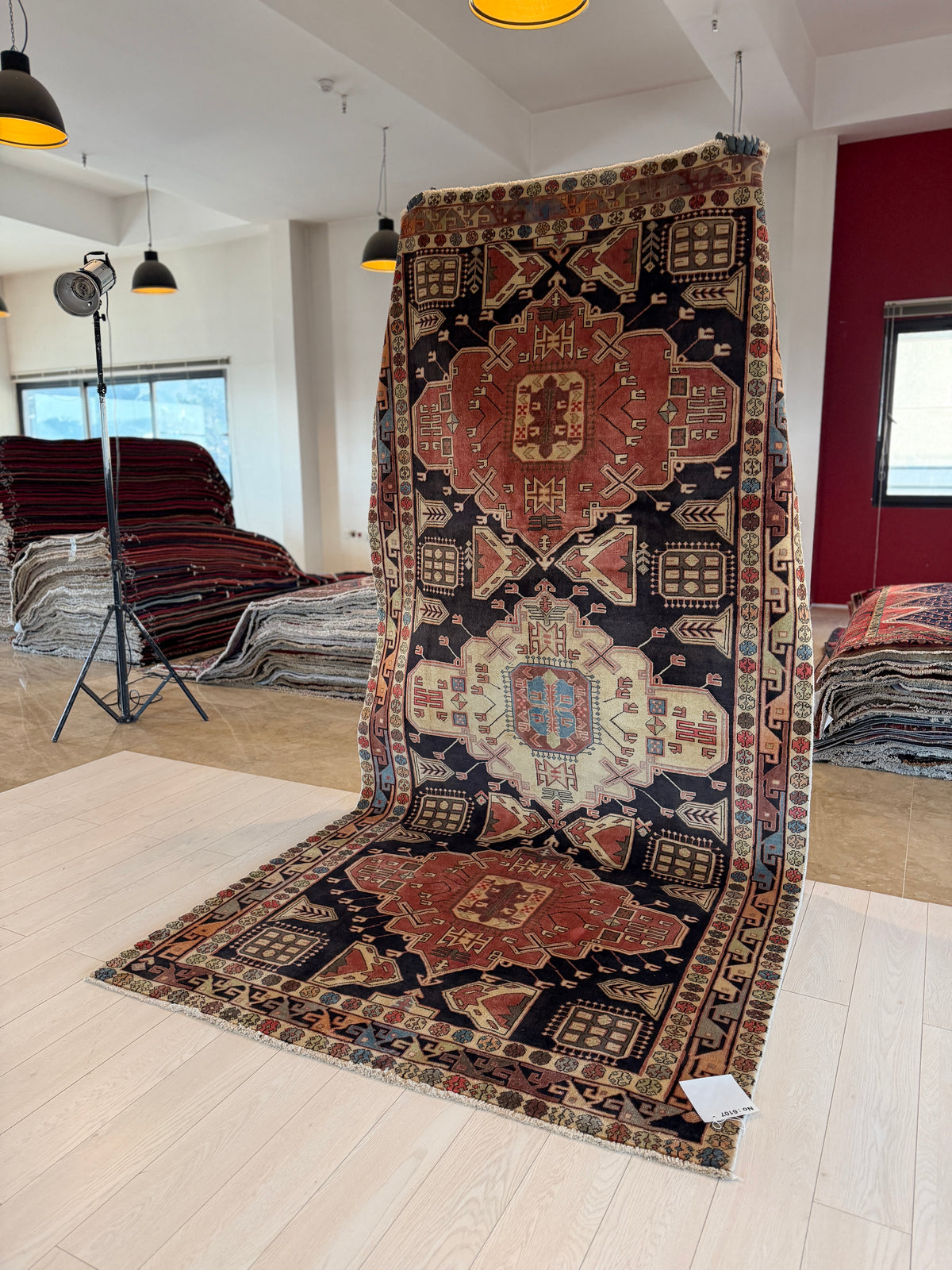 Vintage Deep Navy Blue & Coral Geometric Medallion Wool Rug – 11' 2" x 4' 10" (341 x 148 cm)